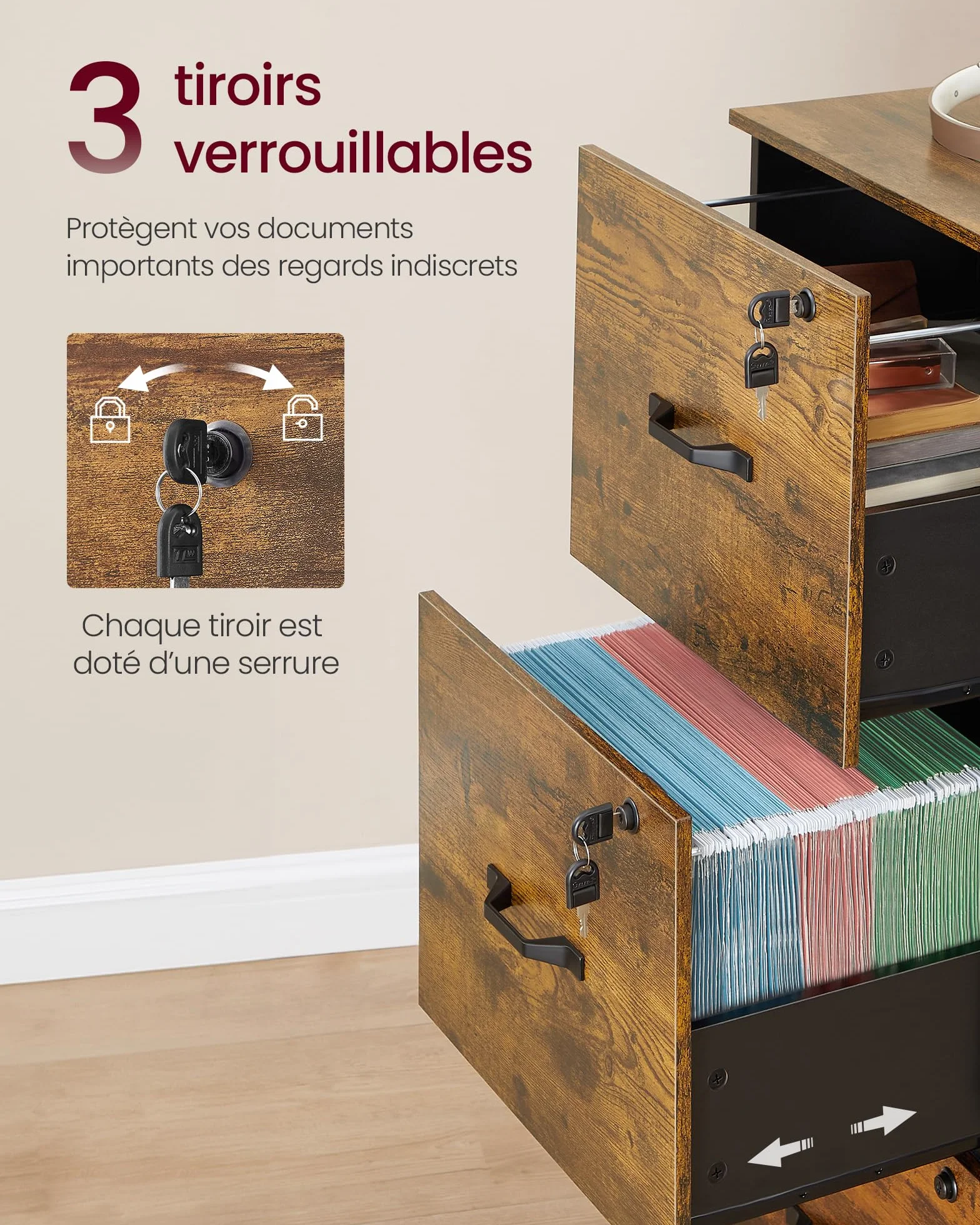 VASAGLE Meuble de Bureau avec 3 Tiroirs Verrouillables, Tringles Réglables, Compatible A4, Marron Rustique et Noir