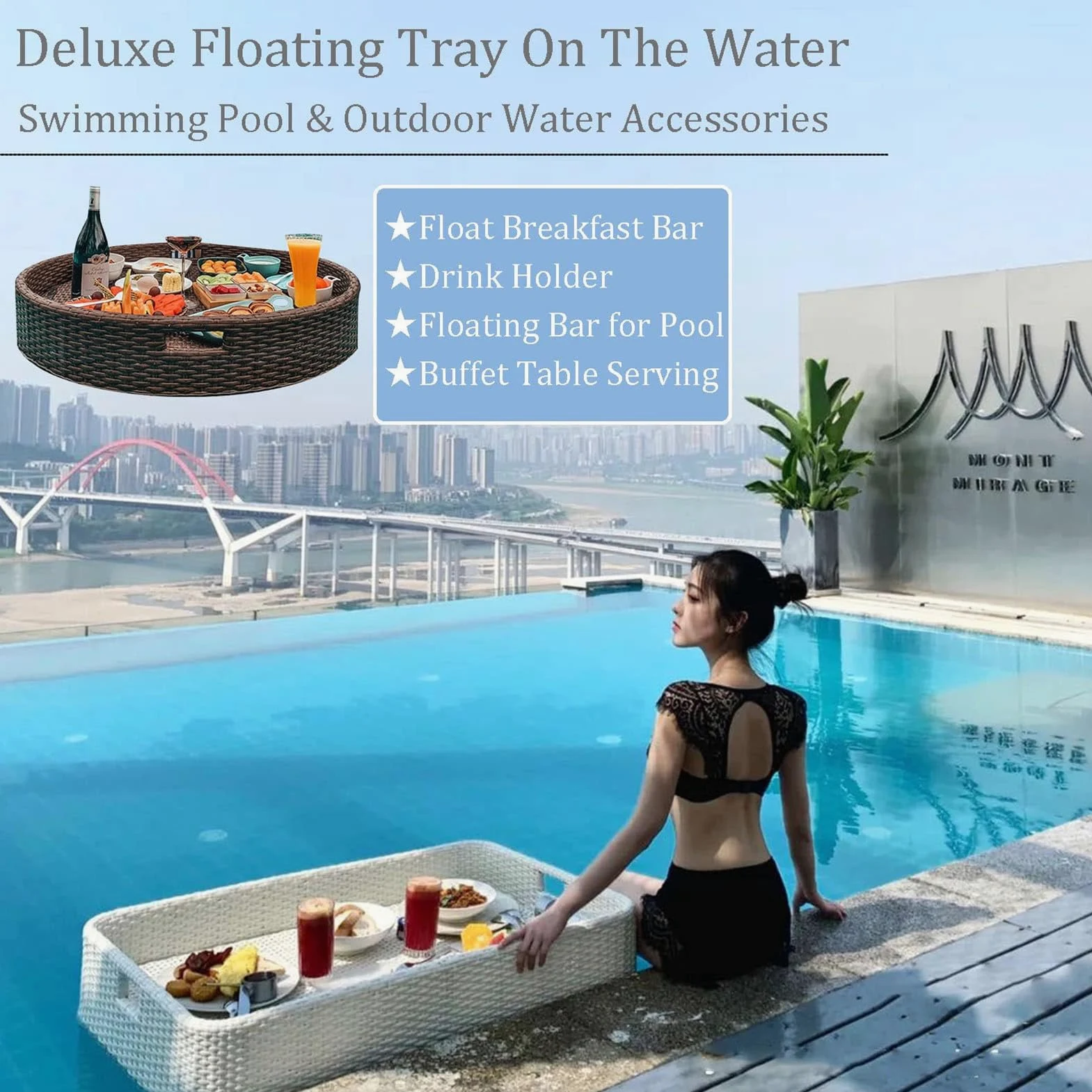 Plateau de Service Rond tissé en rotin, Plateau de Petit-déjeuner Flottant en rotin avec poignées, flotteurs de Piscine, Plateau Flottant pour Servir des Boissons à la Piscine, Brunch, Blanc