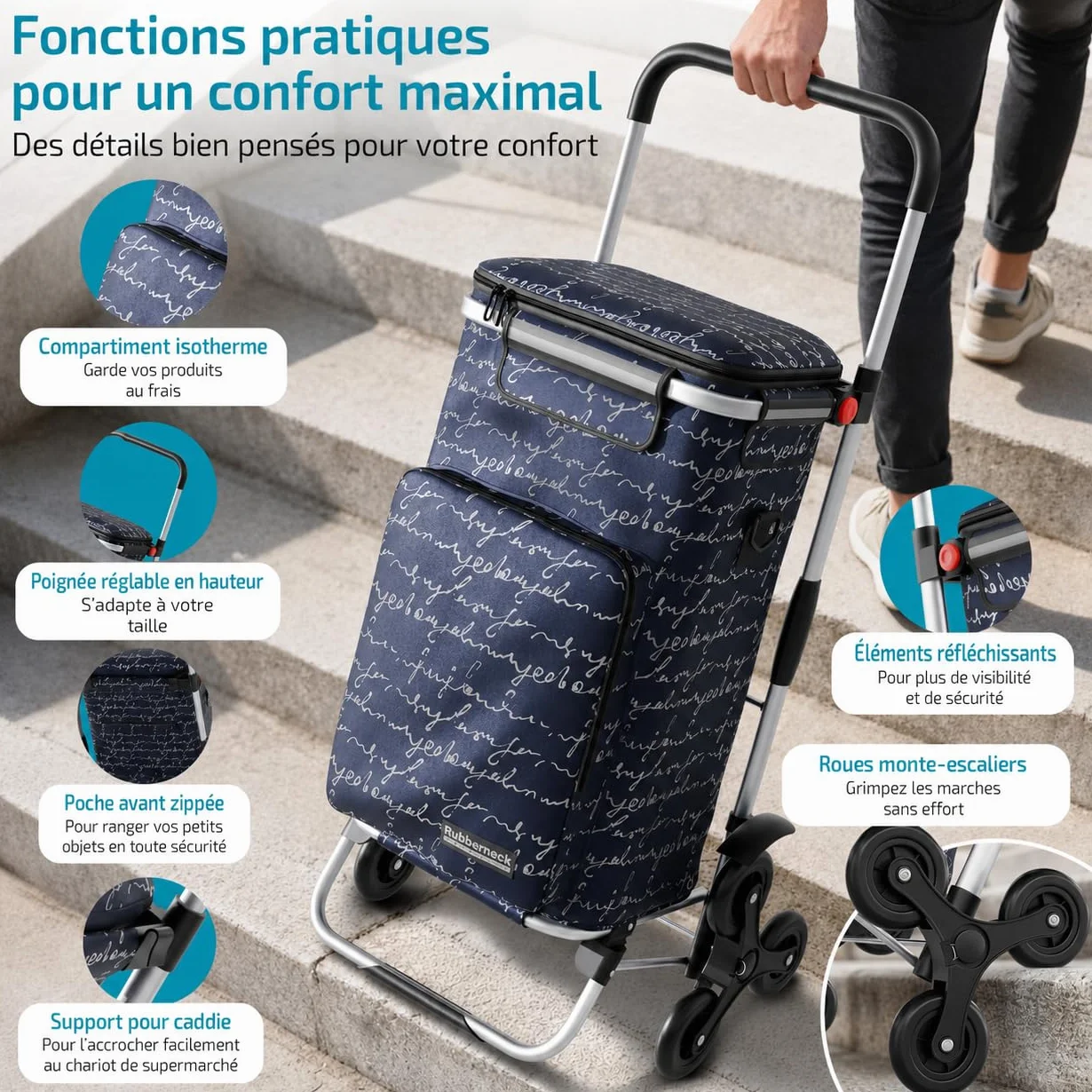 Rubberneck Chariot de Courses Pliable 44L avec Compartiment Isotherme Bleu