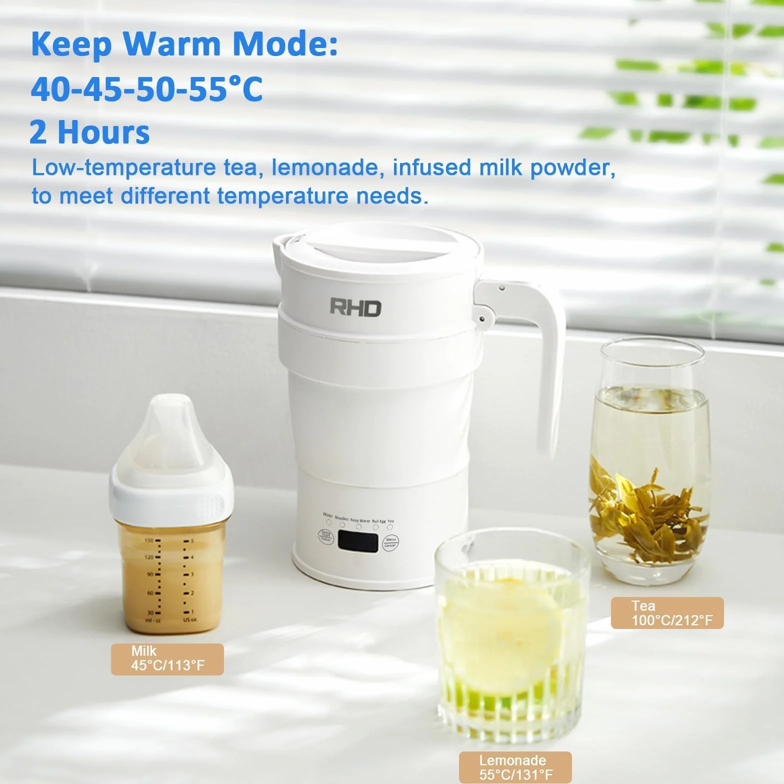 Bouilloire électrique pliable 0,7L acier inoxydable 316 1000W blanc sans BPA