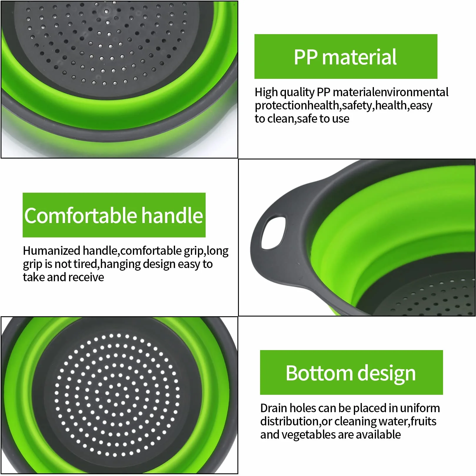 Passoire Pliable Silicone 3 Pièces avec Poignées pour Pâtes Légumes Fruits Vert