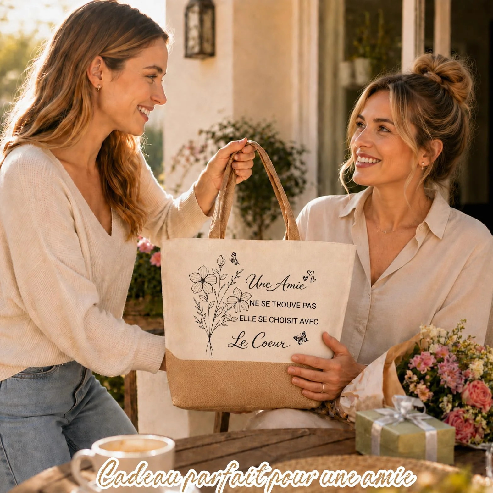 Cadeau Meilleure Amie Tote Bag Sac en Toile Jute Cabas avec Porte-Clés et Bracelet