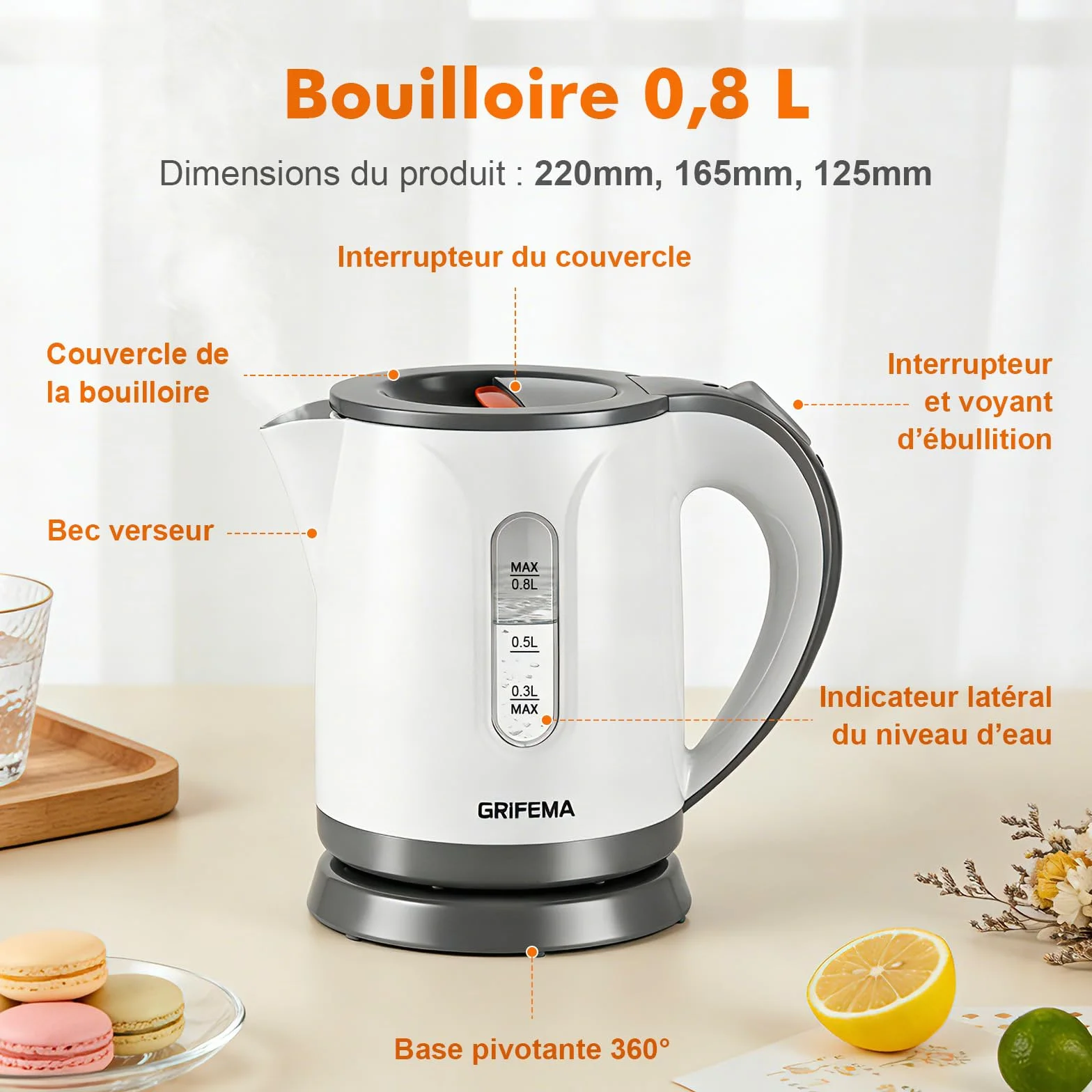 GRIFEMA GC1001 Bouilloire Électrique 0,8L 1100W Filtre Anti-Calcaire Amovible Arrêt Automatique