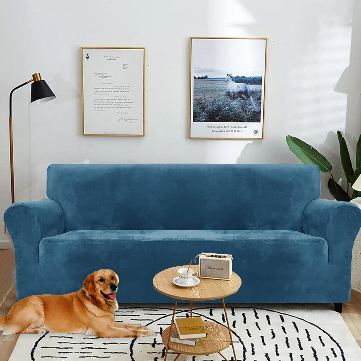Housse De Canapé en Velours 3 Places, Sofa Cover Extensible, Antidérapant, Lavable, Bleu Paon