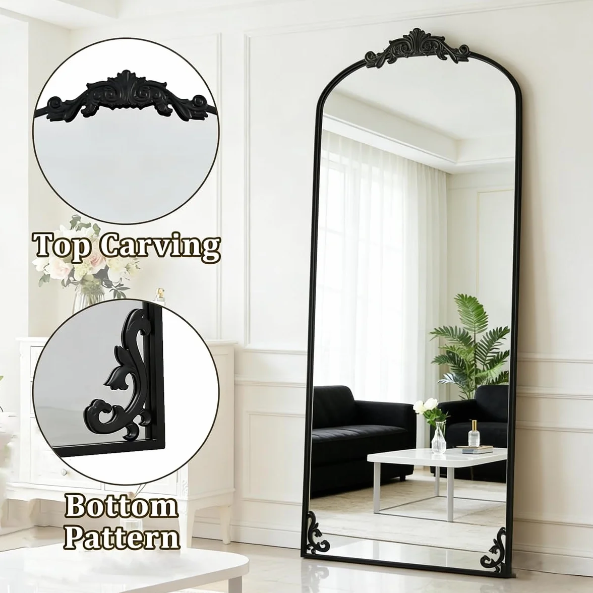M&Catree Miroir Vintage Arc Pleine Longueur Mural Arqué Noir 179x69cm