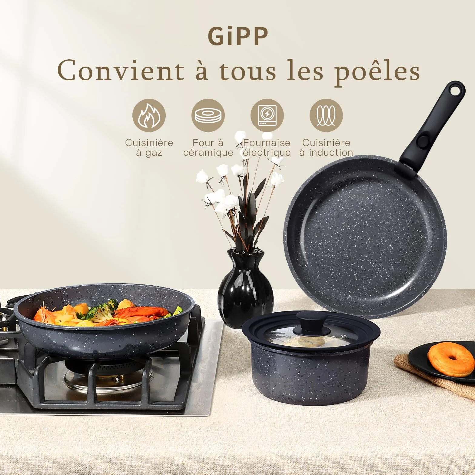 GiPP Poêles et Casseroles Antiadhésives Granit 21PCS Amovible Tous Feux Noir