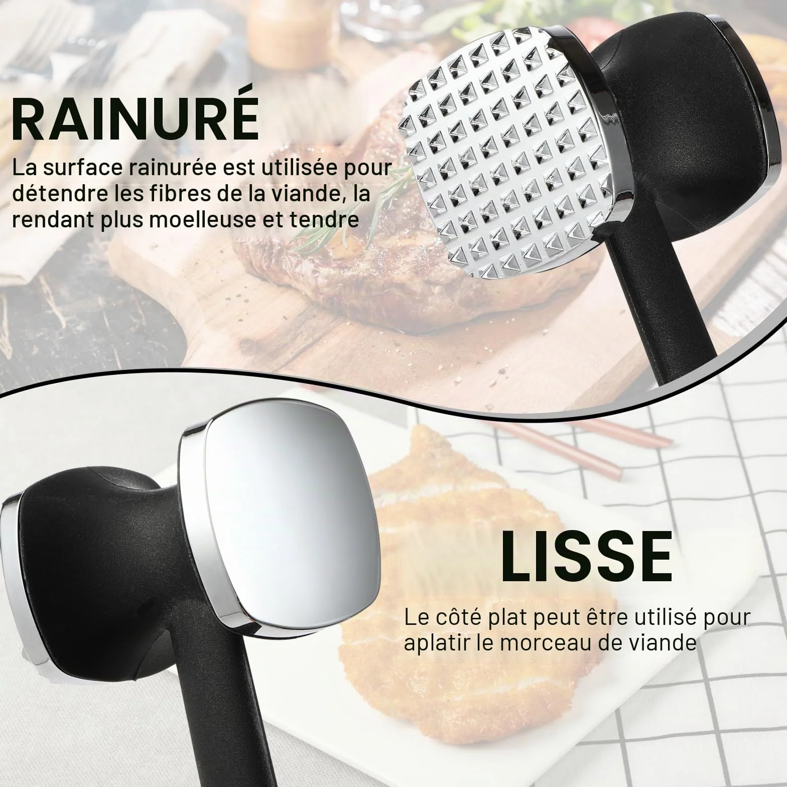 Attendrisseur de Viande, Marteau à Double Face avec Manche Antidérapant pour Steak, Poulet