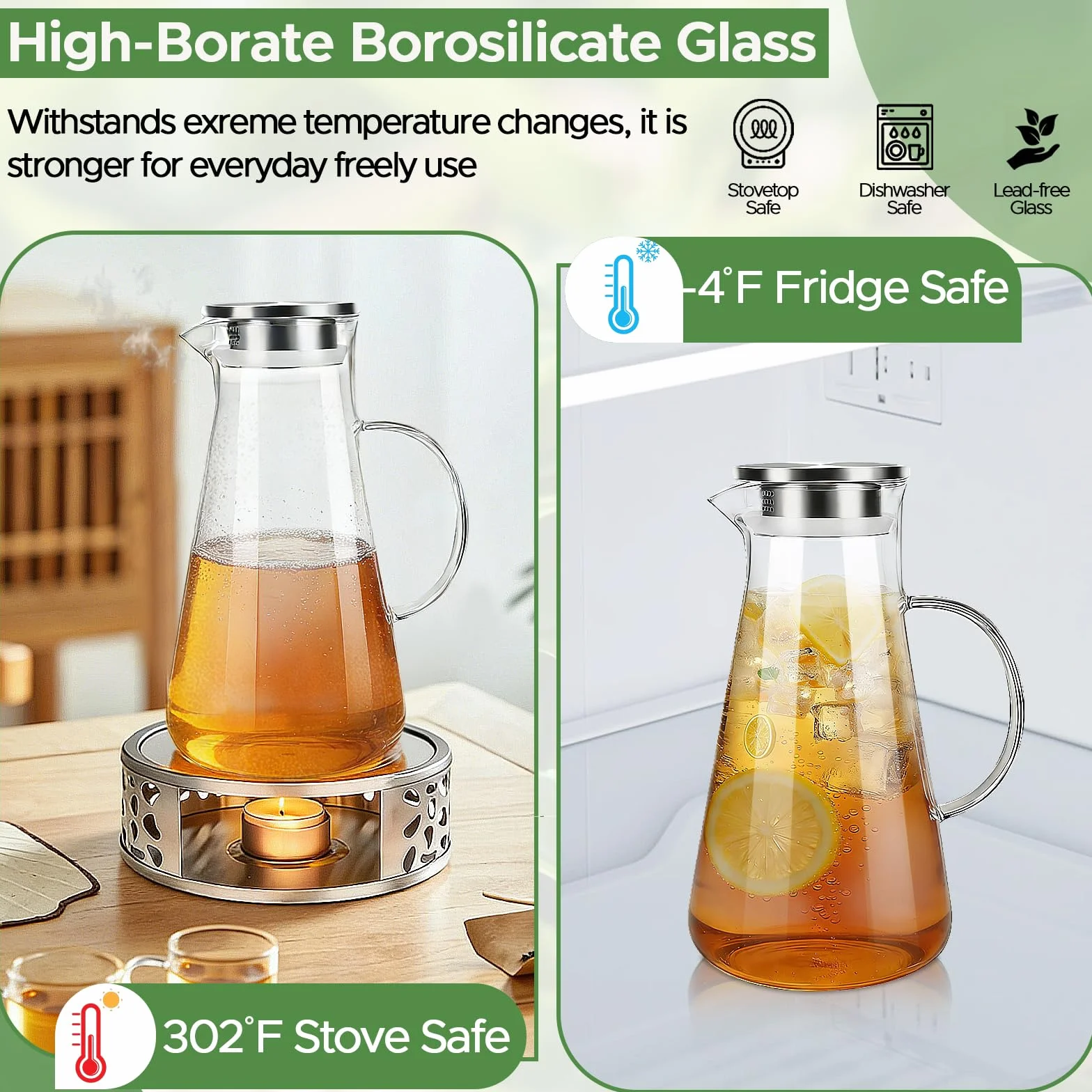 Pichet en Verre 2.2 L avec Couvercle, Carafe Eau Résistante à la Chaleur pour Thé Glacé, Jus et Lait