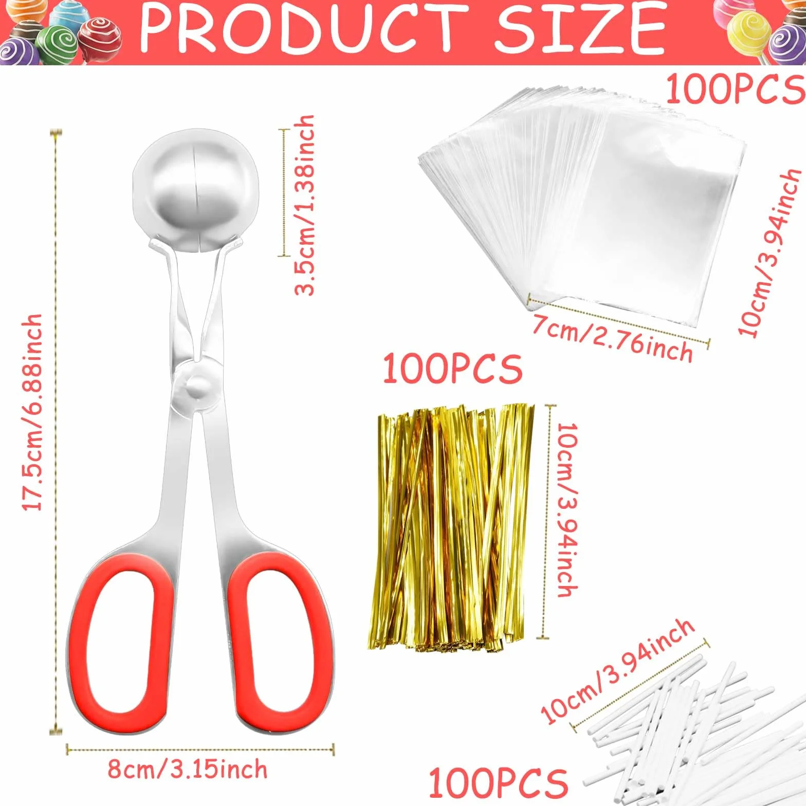 Cake Pop Treat Bag bâtonnets et emballages Cake Pop, 100 bâtonnets sucettes papier, sacs Cake Pop, attaches dorées, cuillère à Cake Pop fabrication bonbons