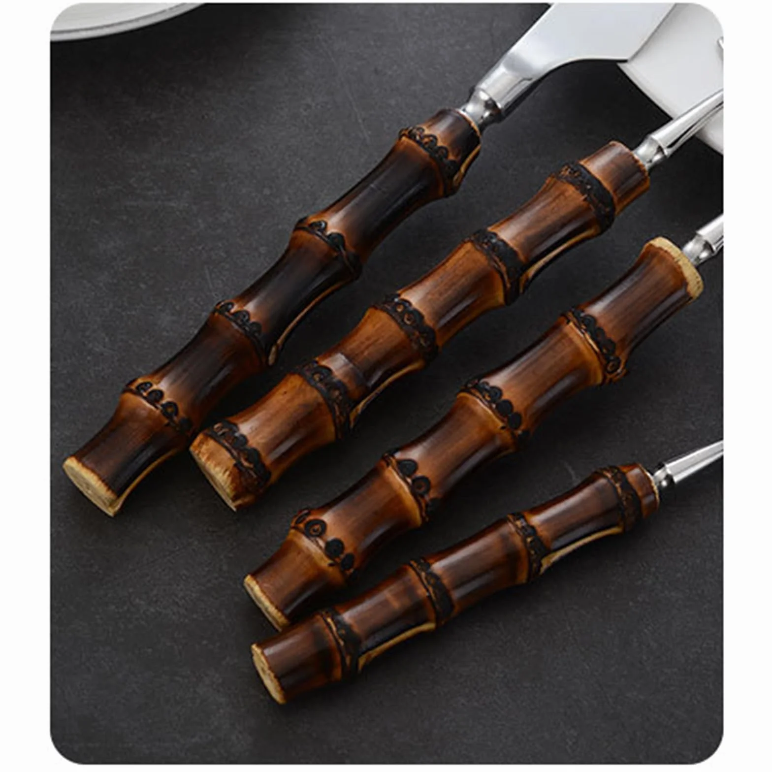 Ensemble de Couverts en Bois et Bambou pour 6 Personnes, élégant Service de Table, Couverts en Acier Inoxydable, Manches en Bois, Compatible Lave-Vaisselle, 24 Couverts, Couleur Argent - 40
