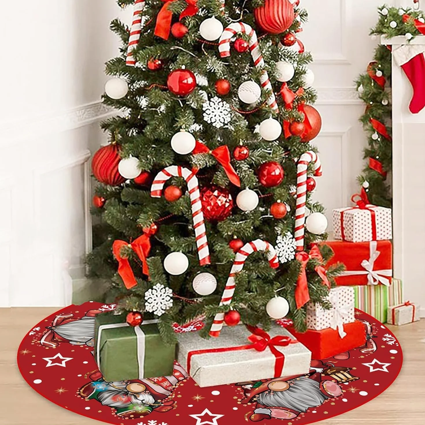 Jupe Sapin De Noël 120cm Couvre Pied Rond Rouge Motif GNOME Tapis Décorations Fête