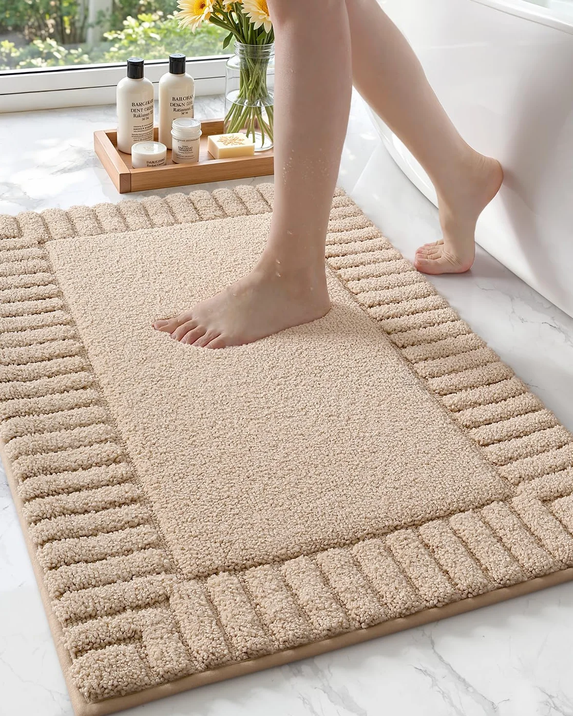 Tapis de Bain Antidérapant 40 x 60 cm Microfibre Absorbant Lavable en Machine Beige