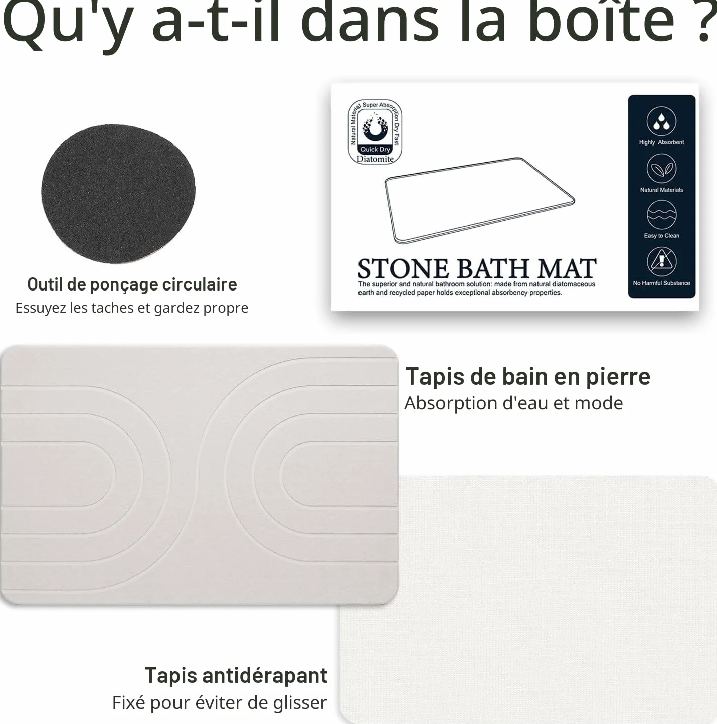 Feilifan Tapis de Bain en Pierre de Diatomite 60 x 38 cm Blanc