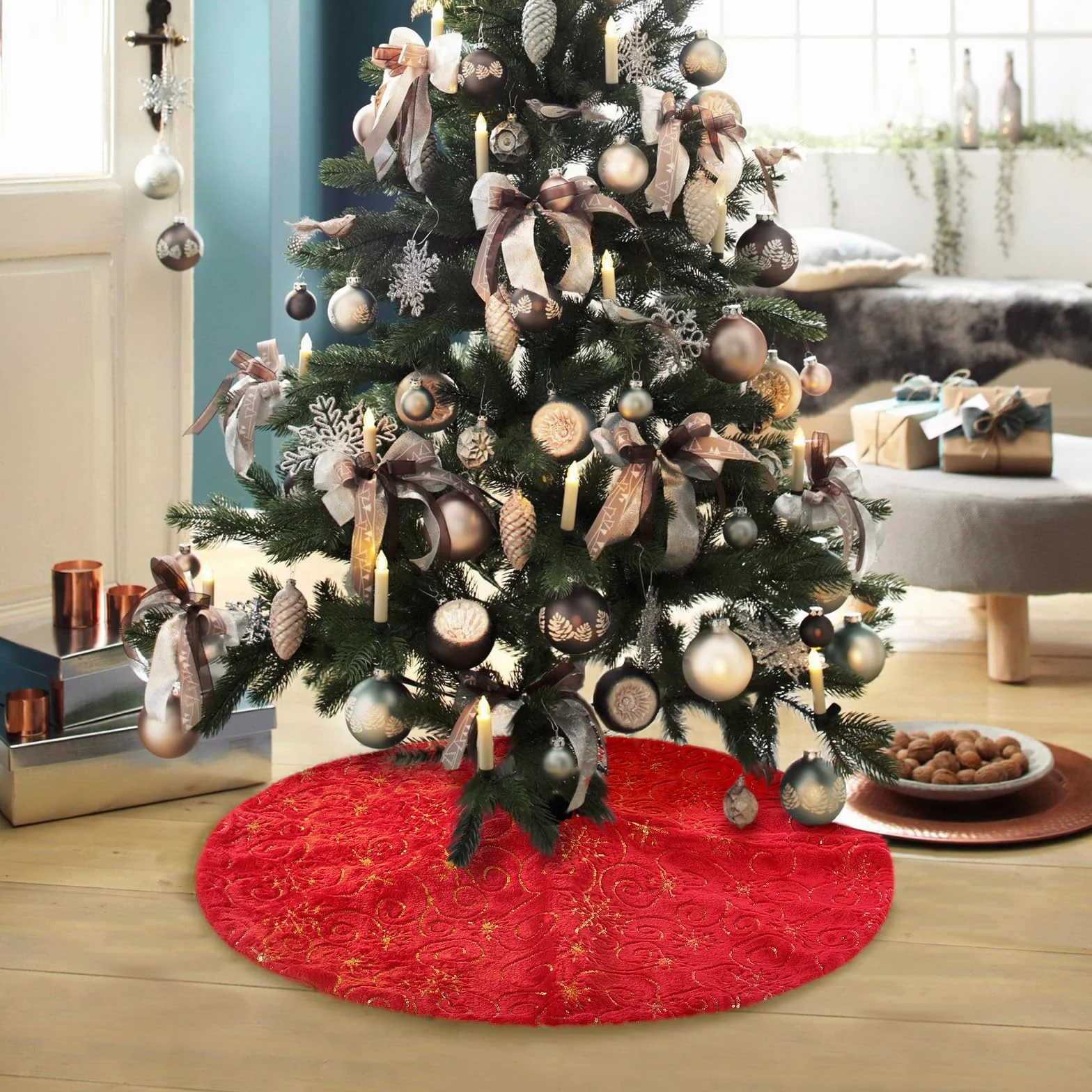 Jupe de Sapin de Noël Rouge KONVINIT - Tapis d'Arbre en Peluche avec Paillettes Dorées 78/90/120cm