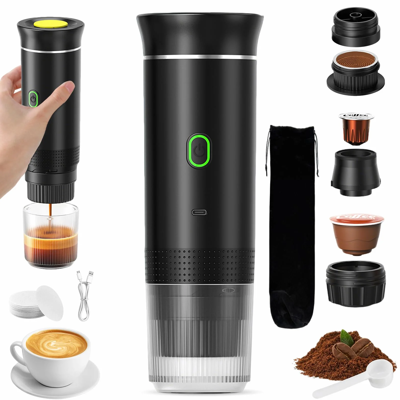Machine à Café Portable 12V Chauffage Rapide 3 En 1 Auto-Chauffage 4-6 Min Grandes Capsules Café Moulu Camping Bureau Maison Voiture Noir