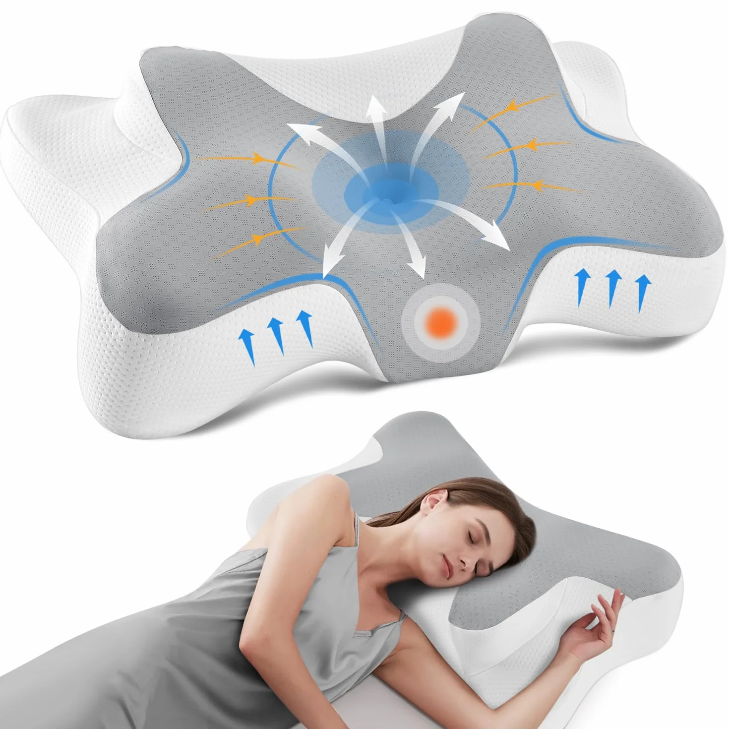 DONAMA Oreiller Cervical Ergonomique Mémoire de Forme, Soutien du Cou, 66x37x13 cm, Gris Blanc