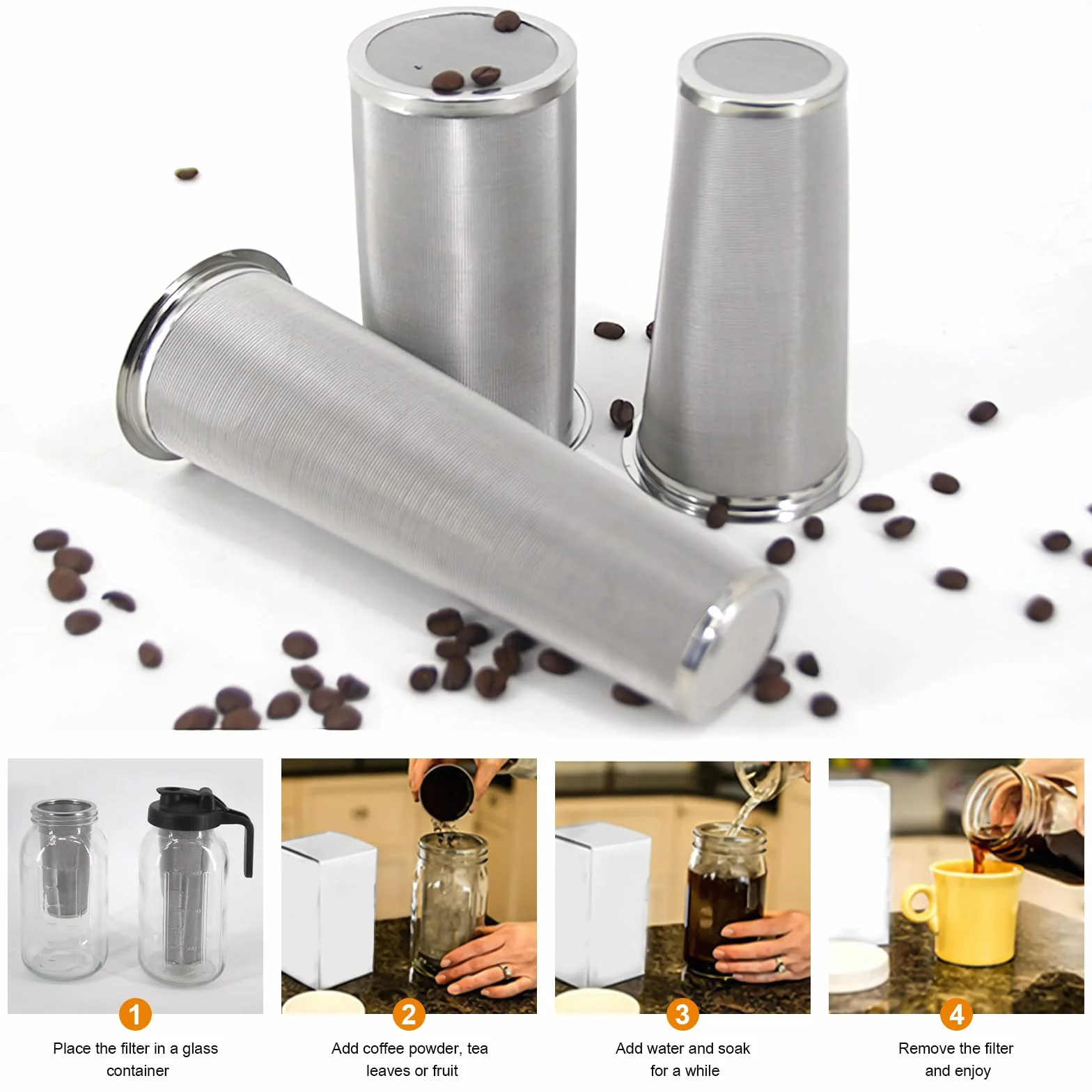 Filtre à café à froid pour pot Mason large goulot, passoire acier inoxydable 304, cafetière glacée 950 ml