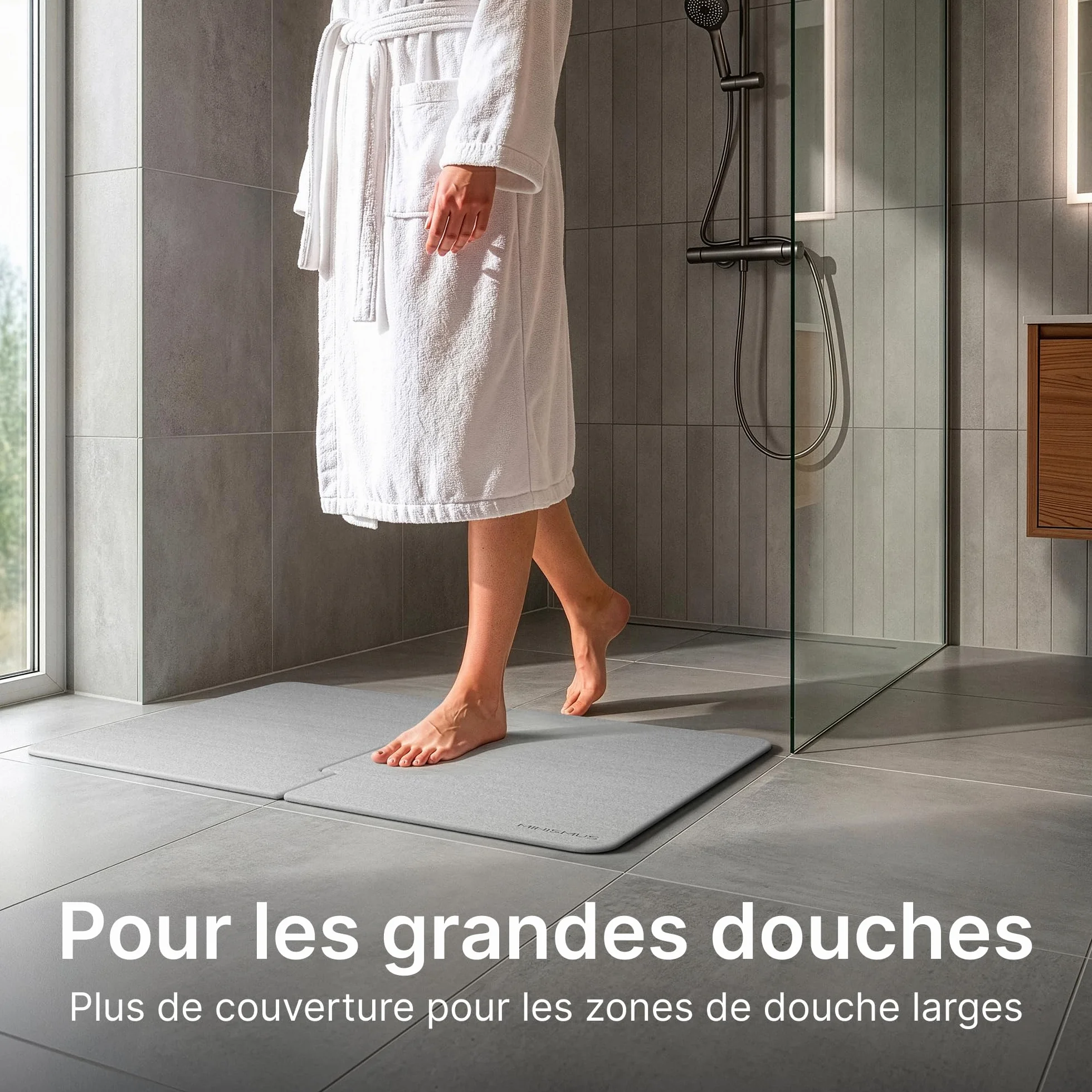 Tapis de Bain en Diatomite 80 x 50 cm, Absorbant et Antidérapant, Taille XL, Séchage Rapide, Gris Clair