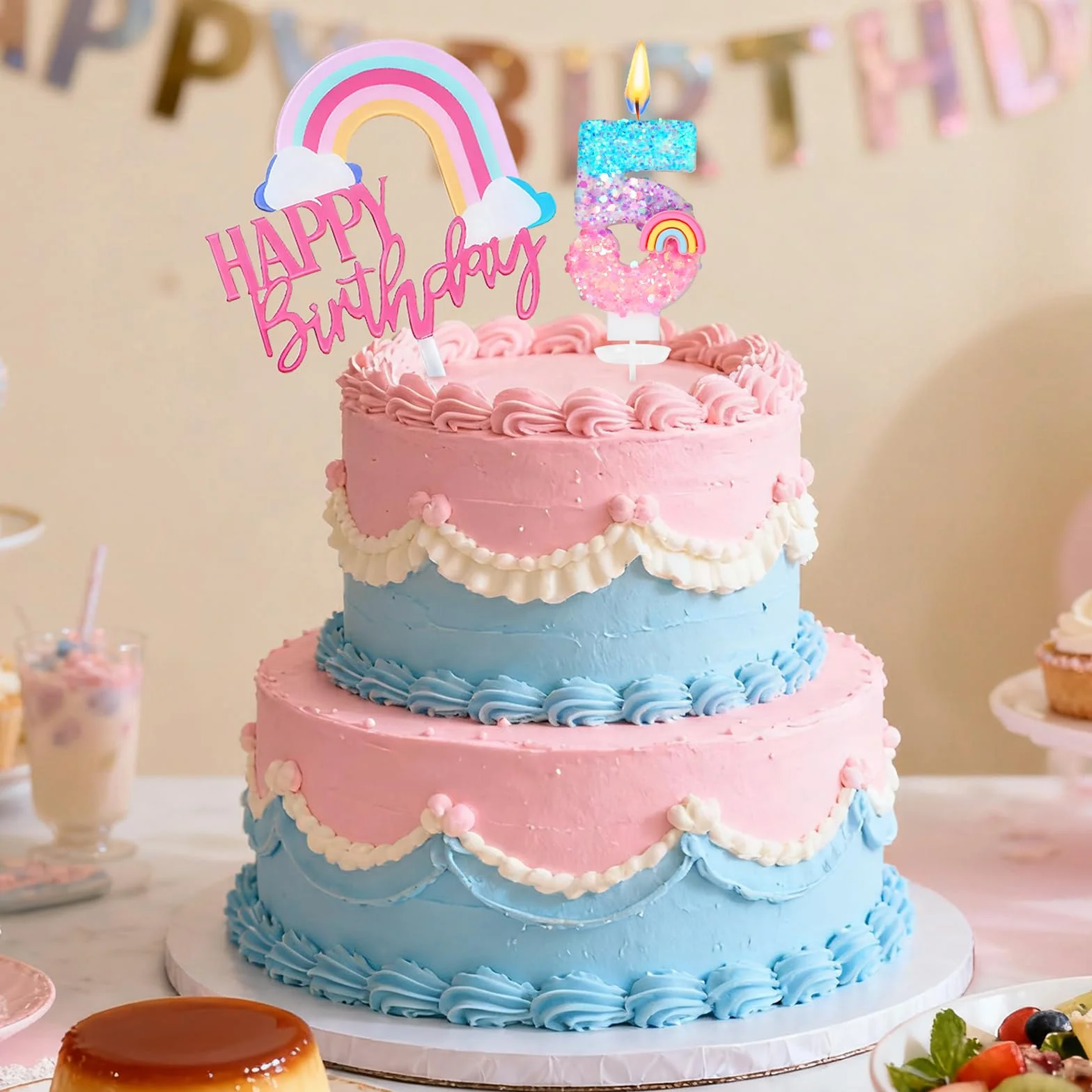 Bougies d'anniversaire Arc-en-ciel 5 Ans 3D Chiffre Fille Décoration Gâteau Enfants