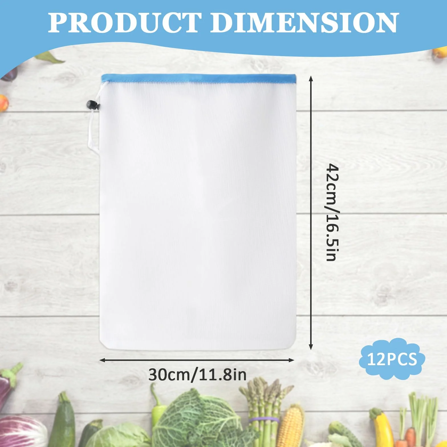 Sac Filet 12 Pièces 43 x 30 cm Réutilisable avec Cordon de Serrage pour Légumes Fruits