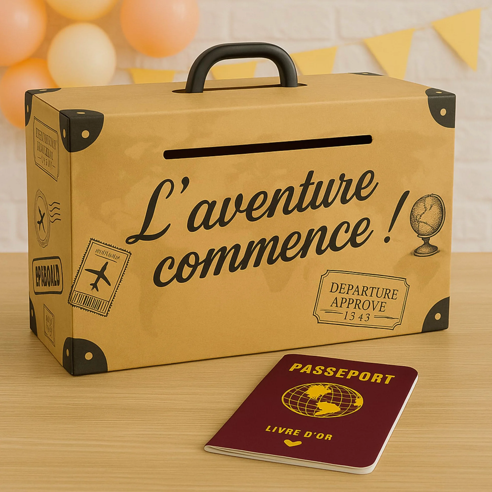 Urne Voyage Valise 30x20x10 cm avec Livre d’Or Passeport pour Mariage Décoration Thème Voyage
