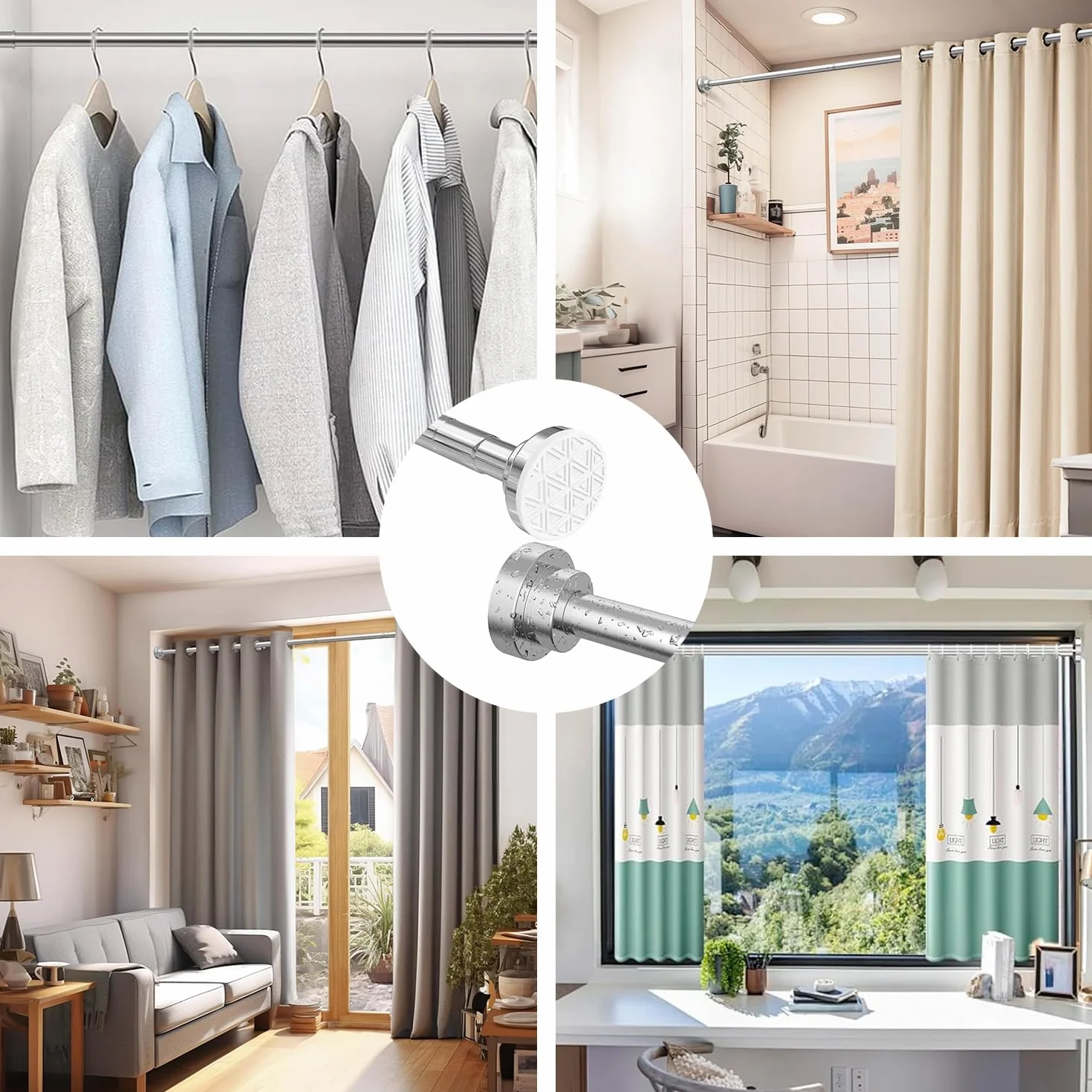 Barre Rideau Douche Sans Percage Extensible 48-200cm Inoxydable 304 Argenté Antidérapant