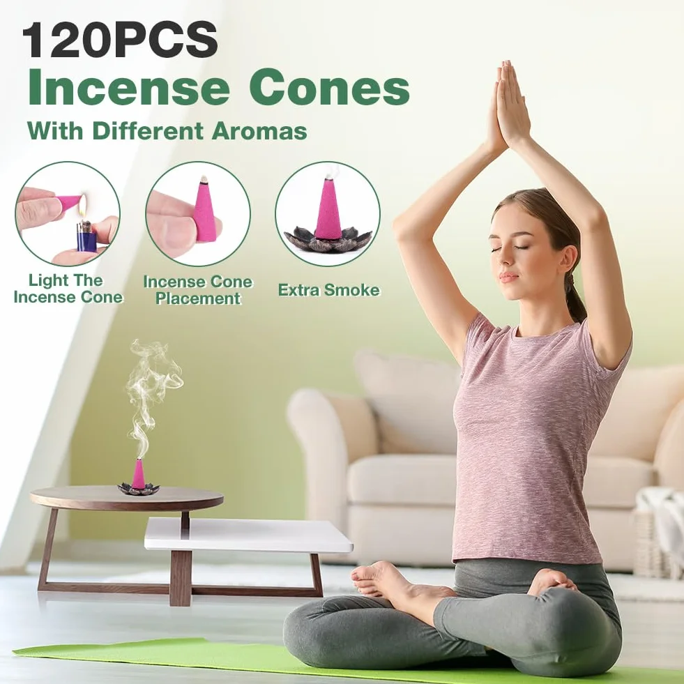 Cônes D'encens 120 Pcs Naturel avec 1 Porte-Encens 6 Parfums Rose Jasmin Osmanthus Océan Bois de Santal Armoise