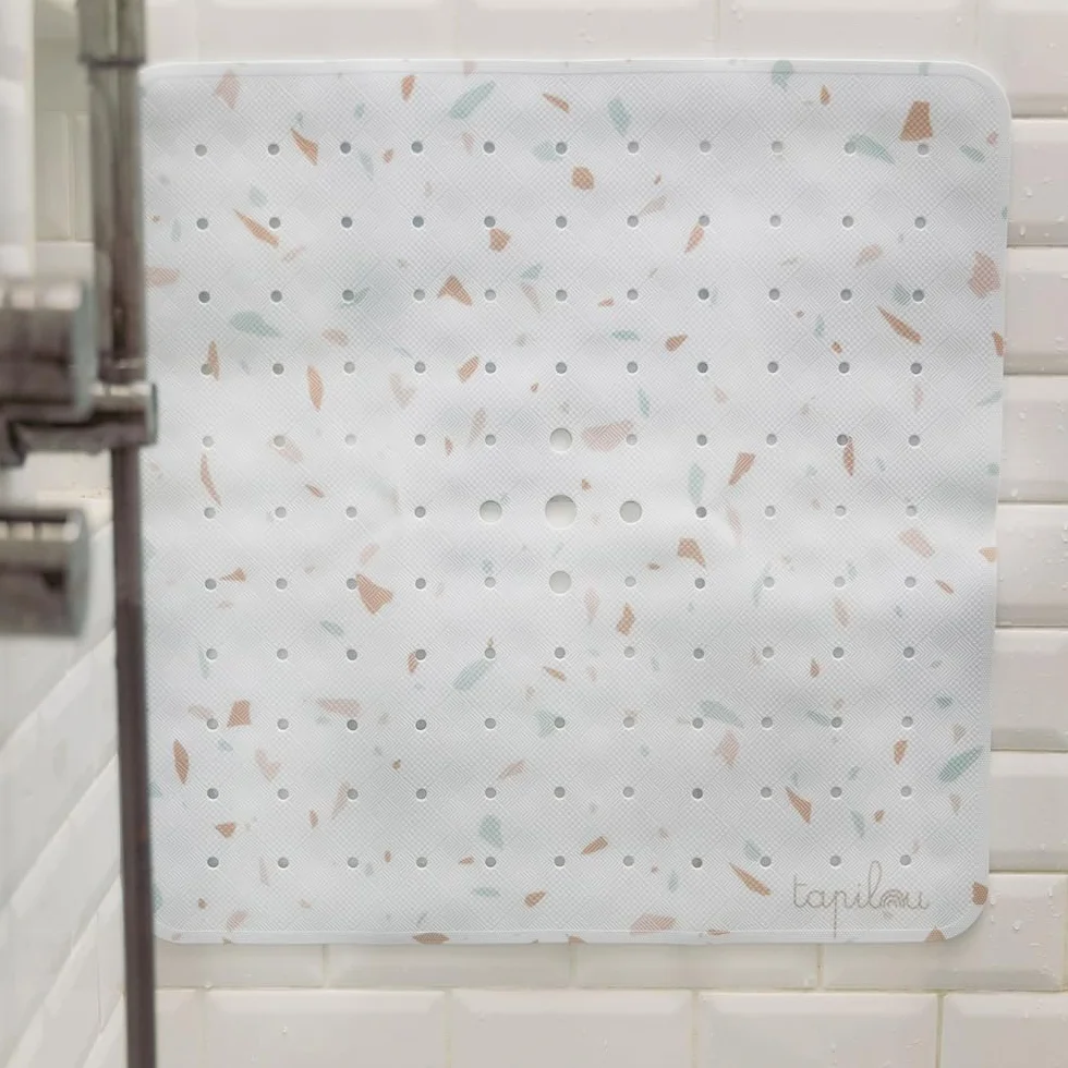 Tapis de Douche Bébé Antidérapant 53x53 cm Motif Terrazzo sans BPA Lavable en Machine Anti-moisissure avec Ventouses