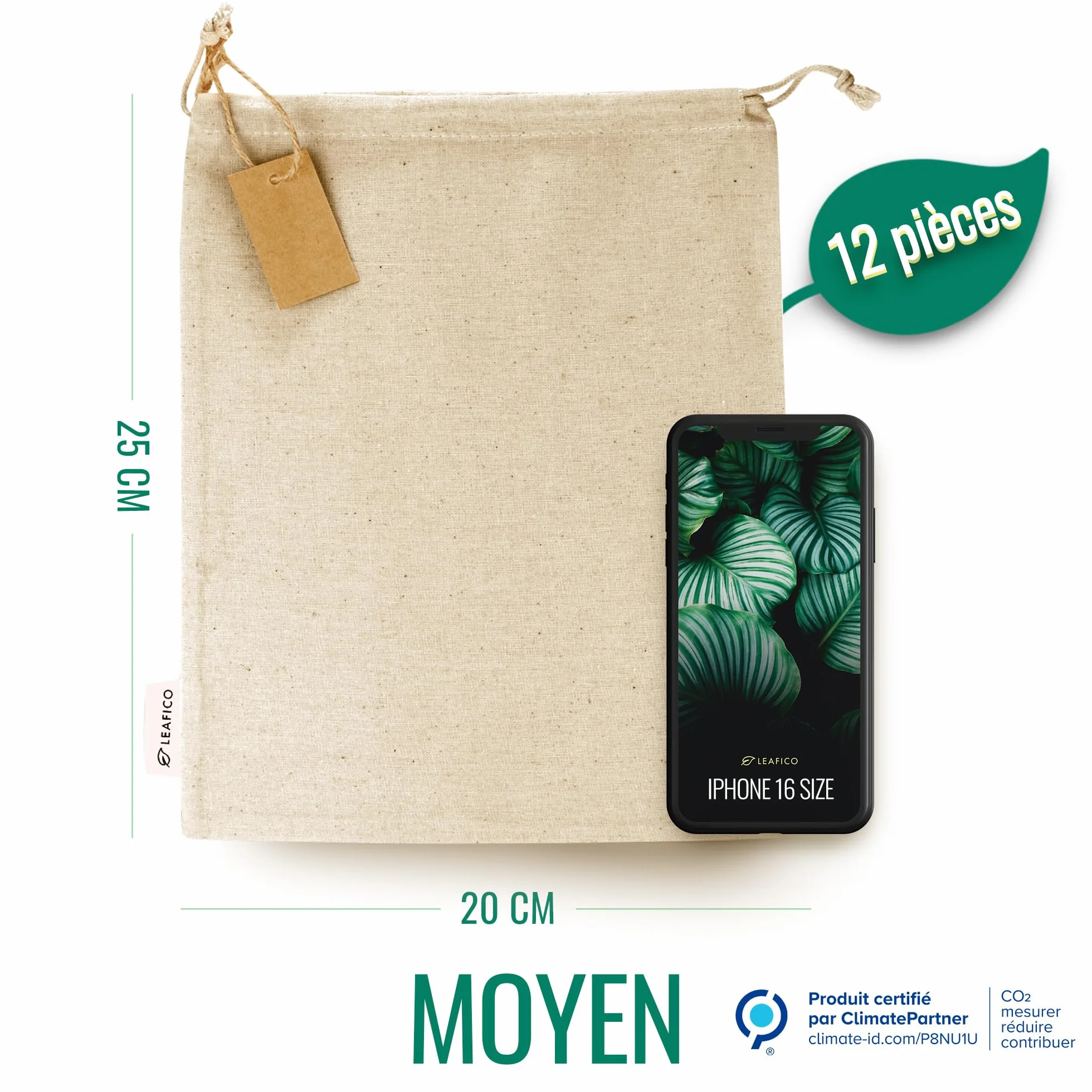 LEAFICO Sacs Réutilisables en Coton Taille Moyen 20x25 cm Lot de 12 avec Cordon