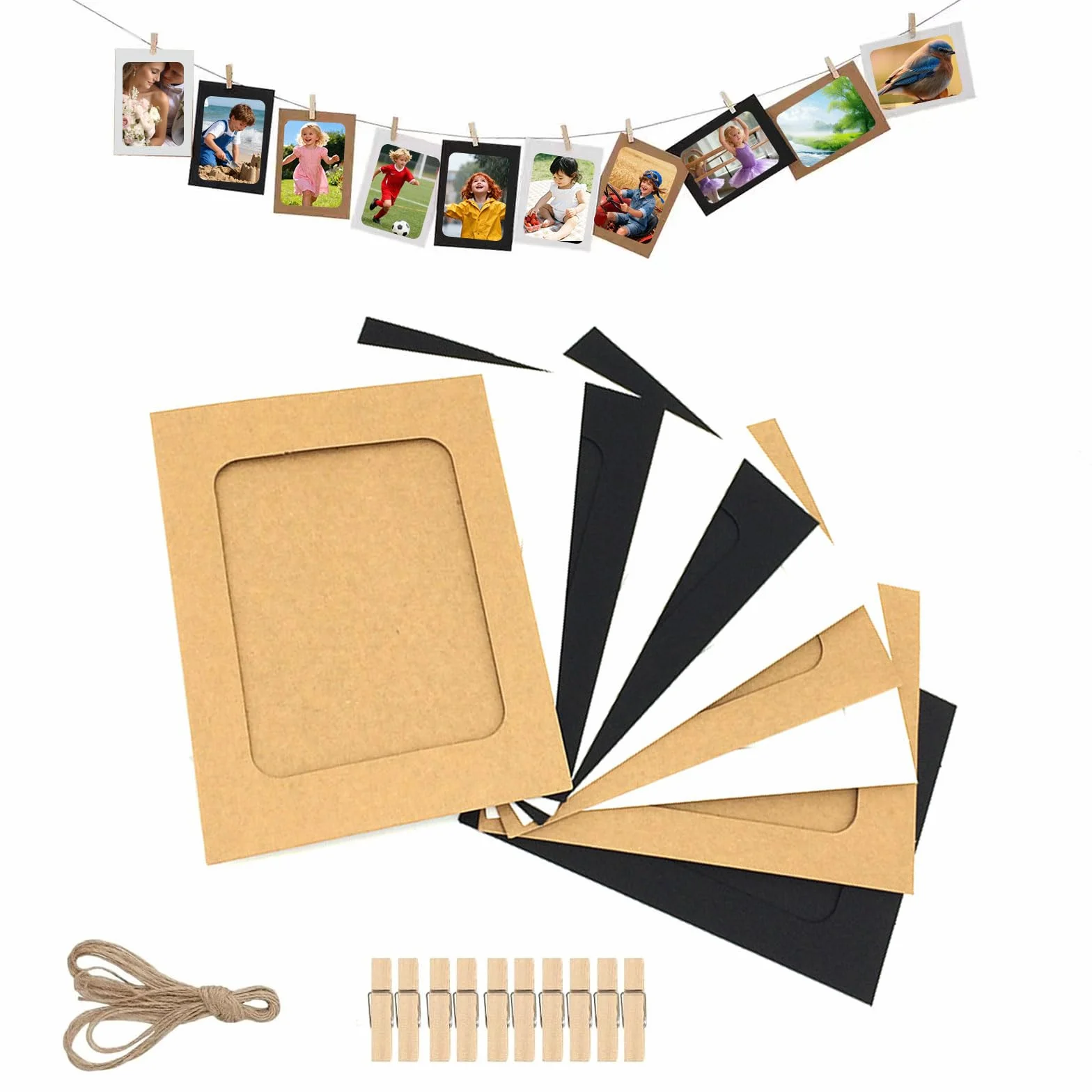 Cadres Photo en Papier Kraft 15,5 x 11,5 cm avec Pinces en Bois et Corde de Chanvre Décoration Murale