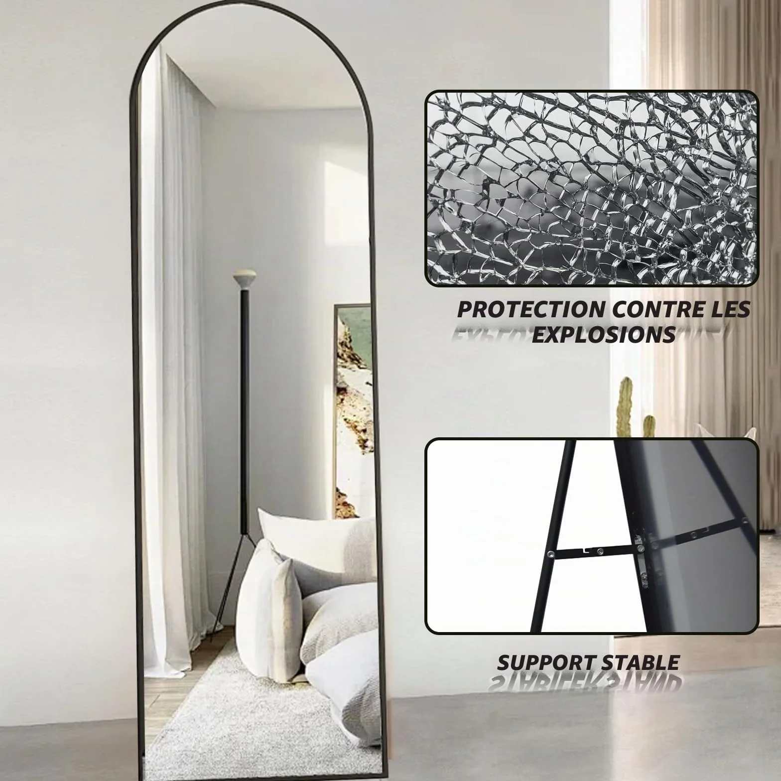Kapler Miroir sur pied arqué 160 x 53 cm grand noir Miroir plein pied rond Déco Salon