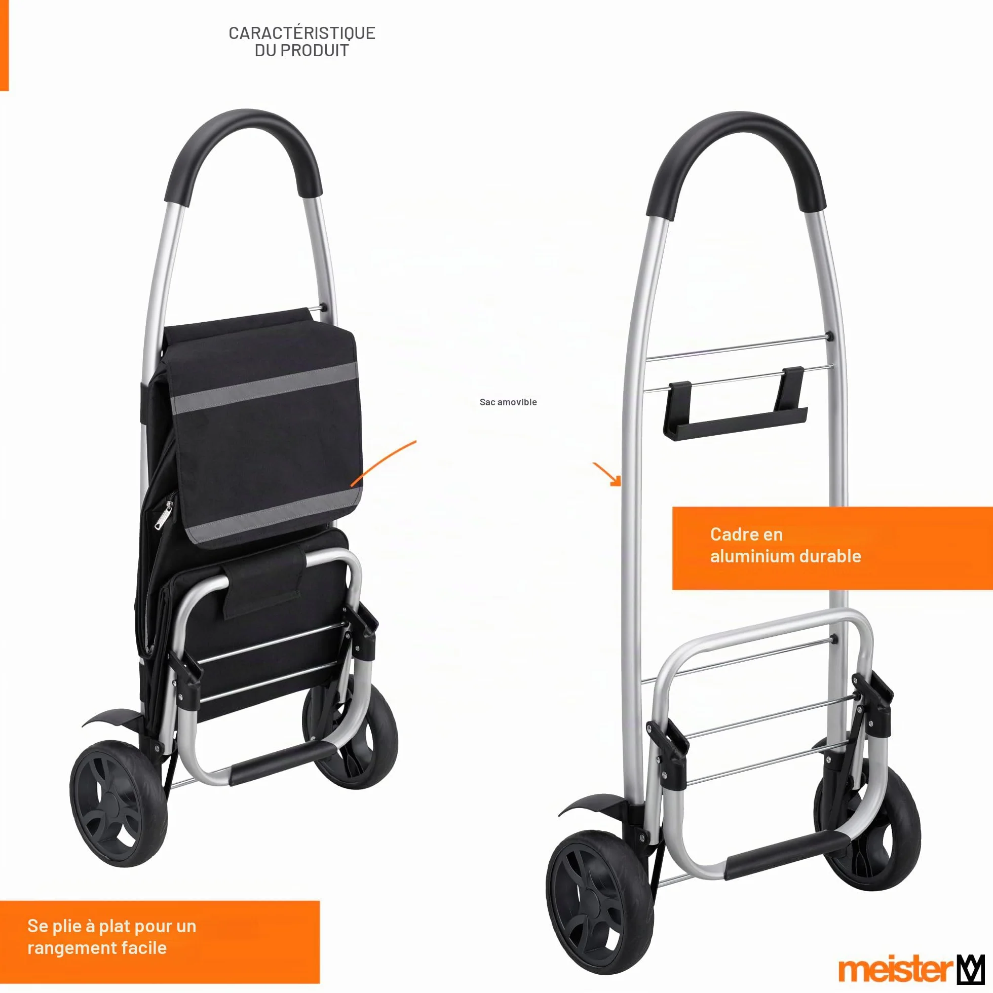 Chariot de Courses Meister 56 Litres Roues Larges Compartiment Réfrigérant Sac Amovible Pliable
