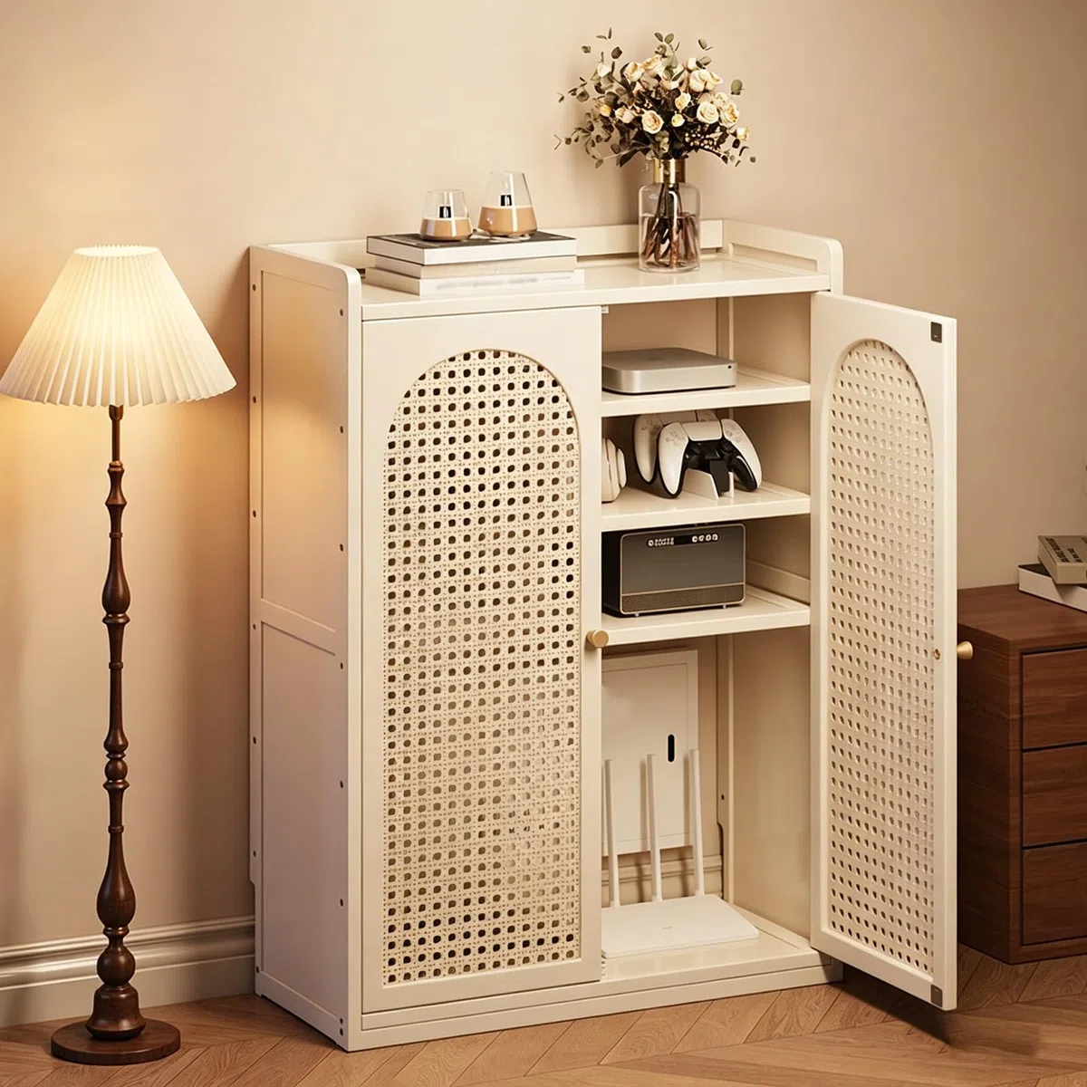 Armoire de Rangement pour Routeur WiFi, Meuble Modem & Boîte Multimédia au Sol avec Portes Ventilées, Gestion des Câbles pour Salon Bureau(White,97 * 59cm/38.2 * 23.2in)