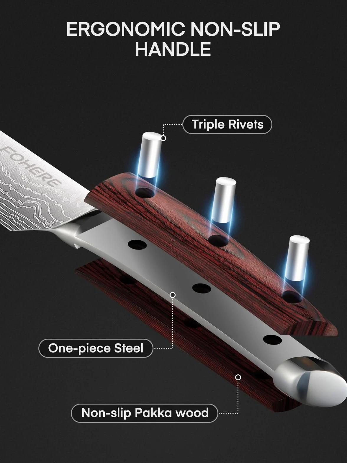 Couteau Cuisine FOHERE 5 Pièces Ensemble Acier Inoxydable Manche Bois Professionnel