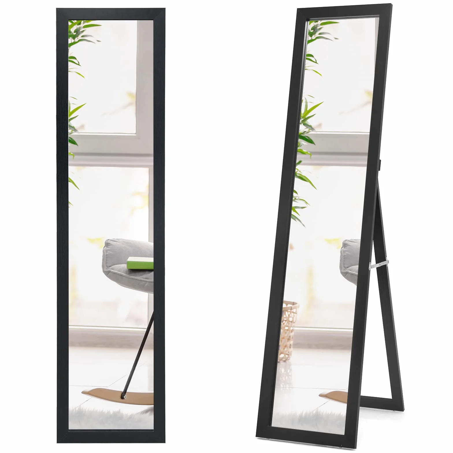 GIANTEX Miroir sur Pied Mural Design 2 en 1 Cadre en Bois 37 x 155 cm Noir