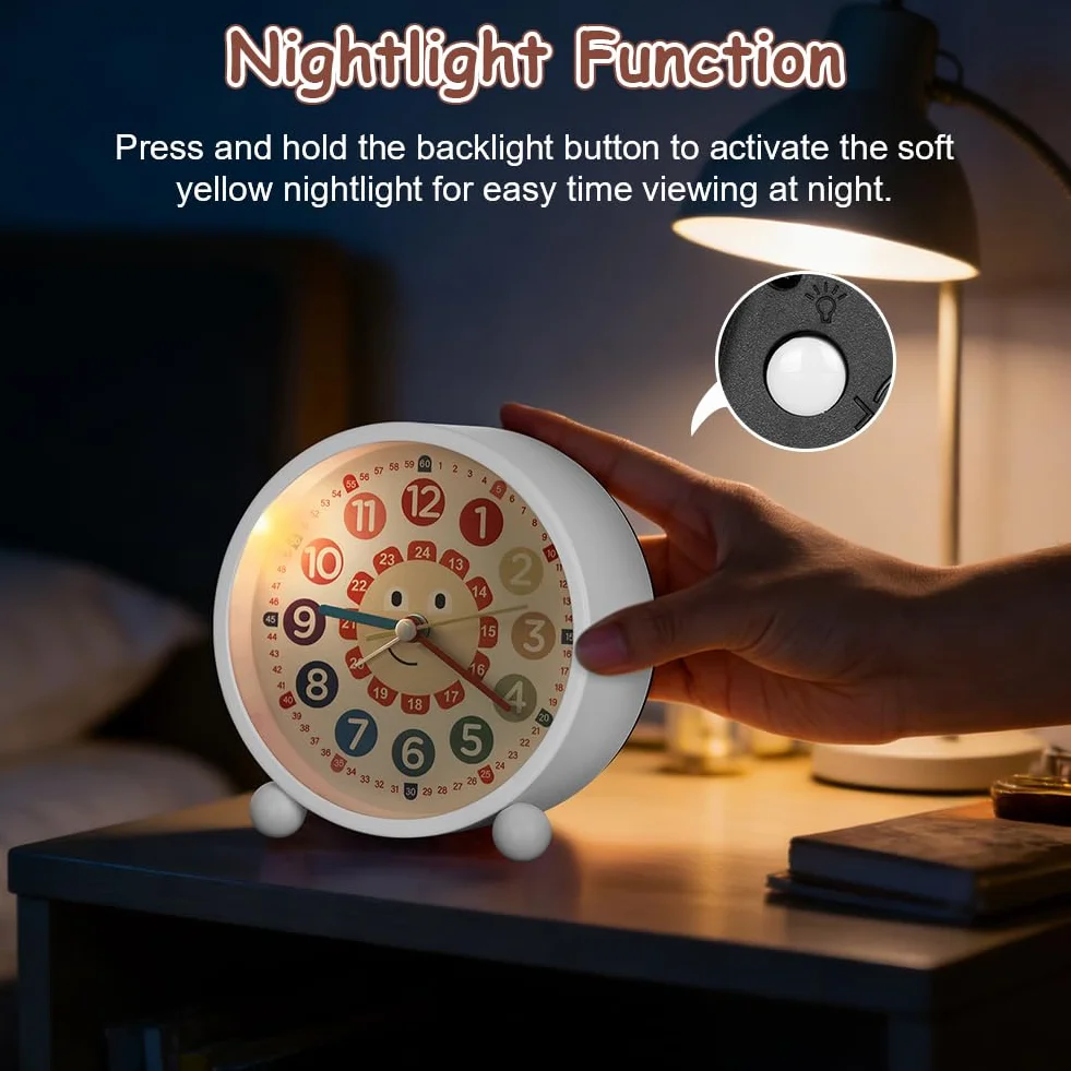 Réveil Enfant Silencieux sans Tic-Tac Analogique Horloge de Table avec Lumière de Nuit Piles Blanc