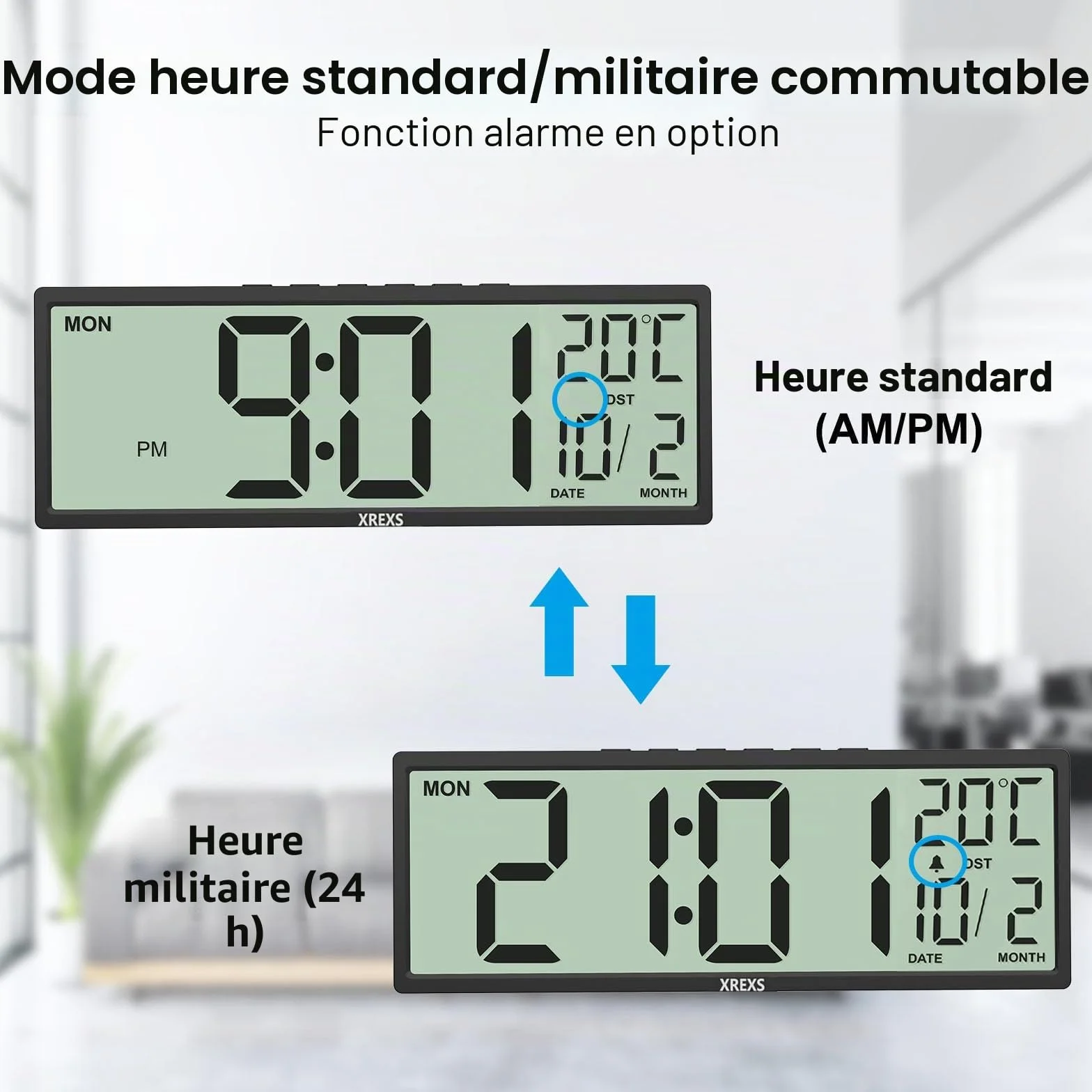 XREXS Horloge Murale Numérique 14,5 Pouces Heure Calendrier Température DST Piles Noir