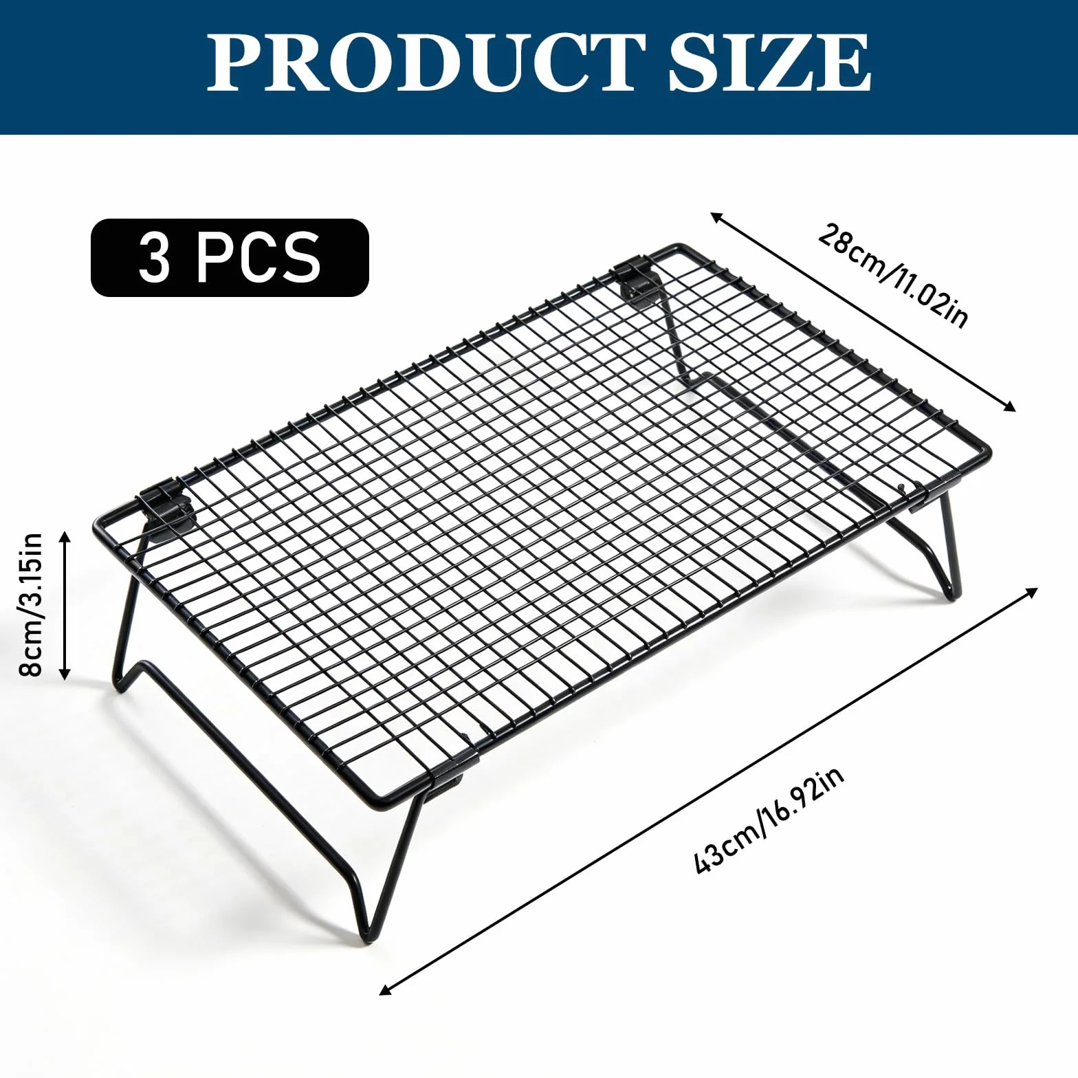 Grille de Refroidissement Patisserie 3 Niveaux Acier Carbone Antiadhésive 43x28x8cm Pliable Empilable