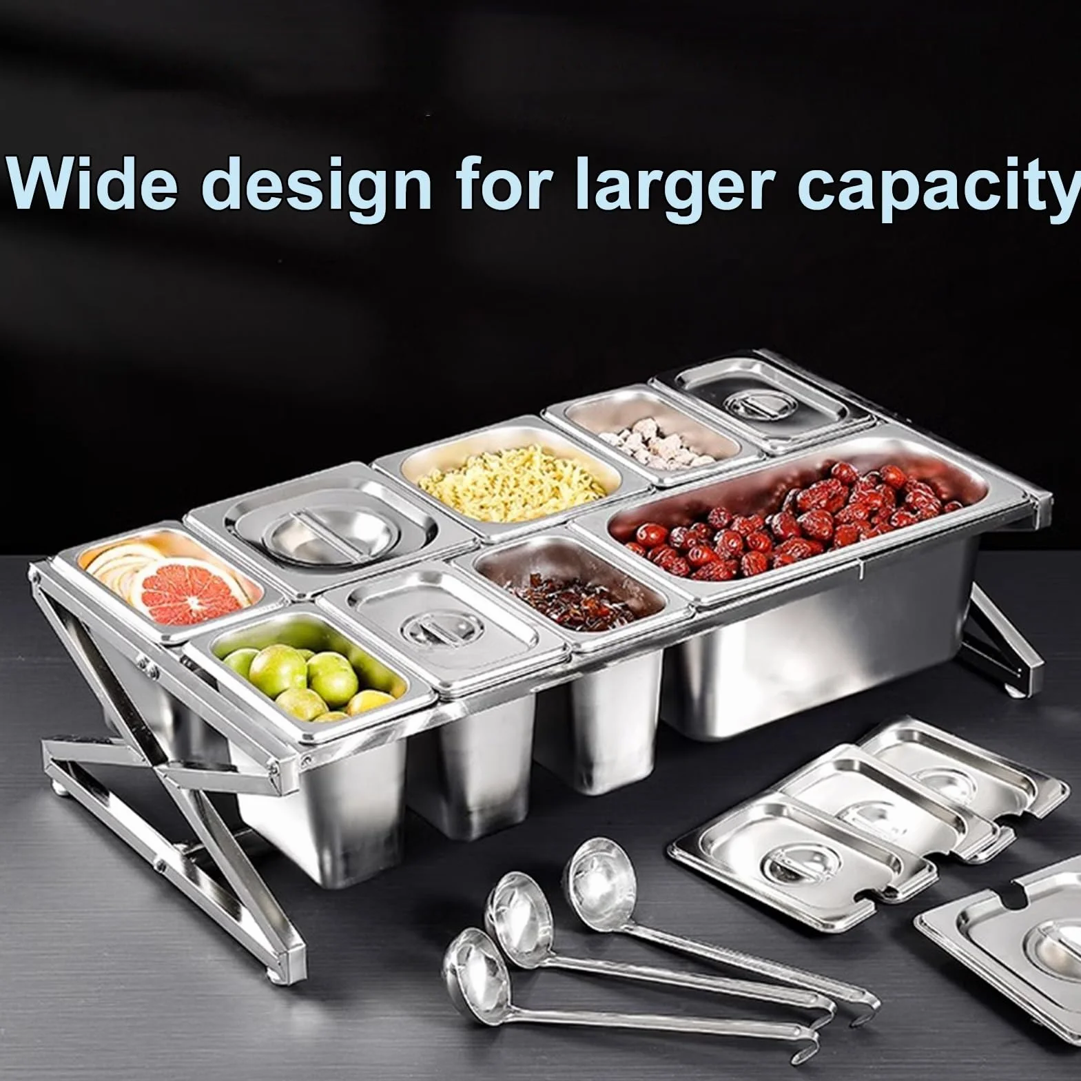 Étagère à épices extensible en acier inoxydable 304 – Distributeur de condiments de comptoir avec cuillères pour assaisonner sauce, salade, confiture et ingrédients (argent, 96 x 34 x 25,9 cm)