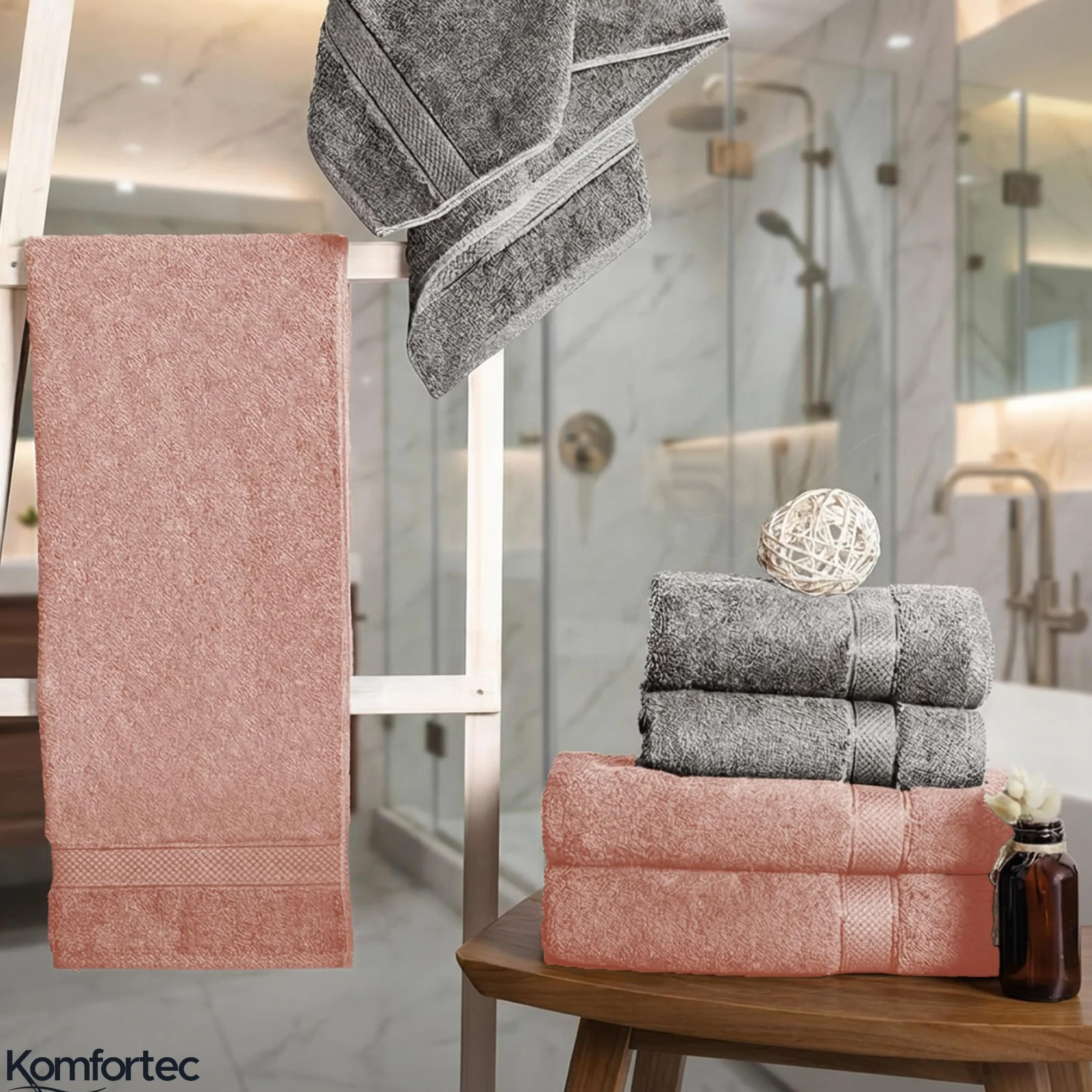 Ensemble de Serviettes 8 Pièces 100% Coton 70x140 cm 50x100 cm Gris Anthracite Rose
