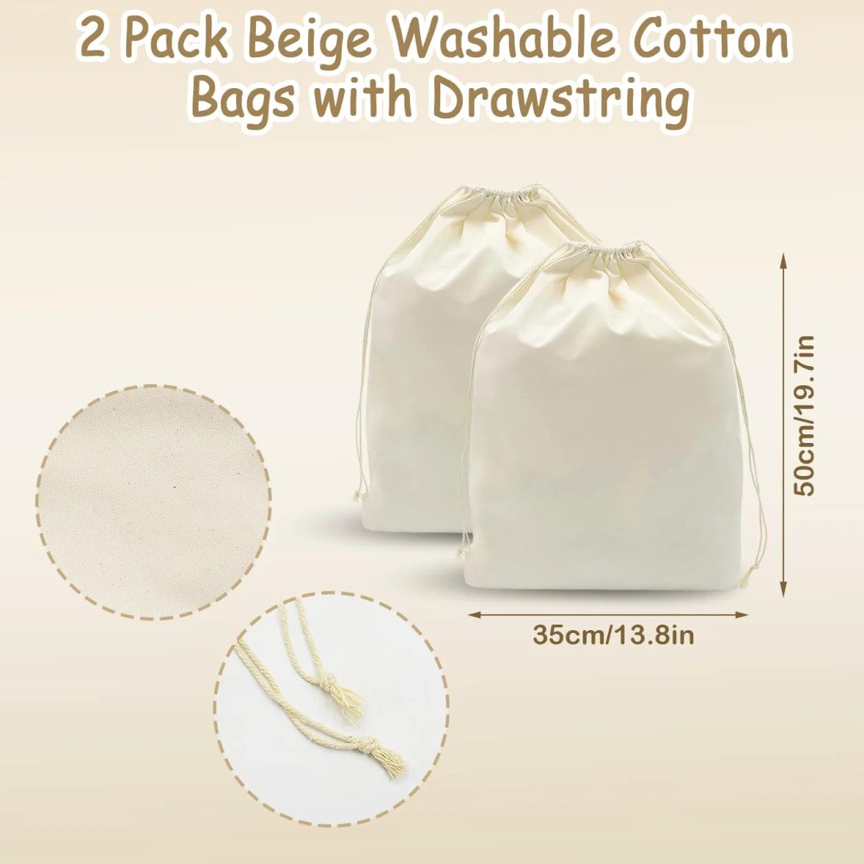 Lot de 2 sacs à linge en toile de coton avec poignées et cordon de serrage