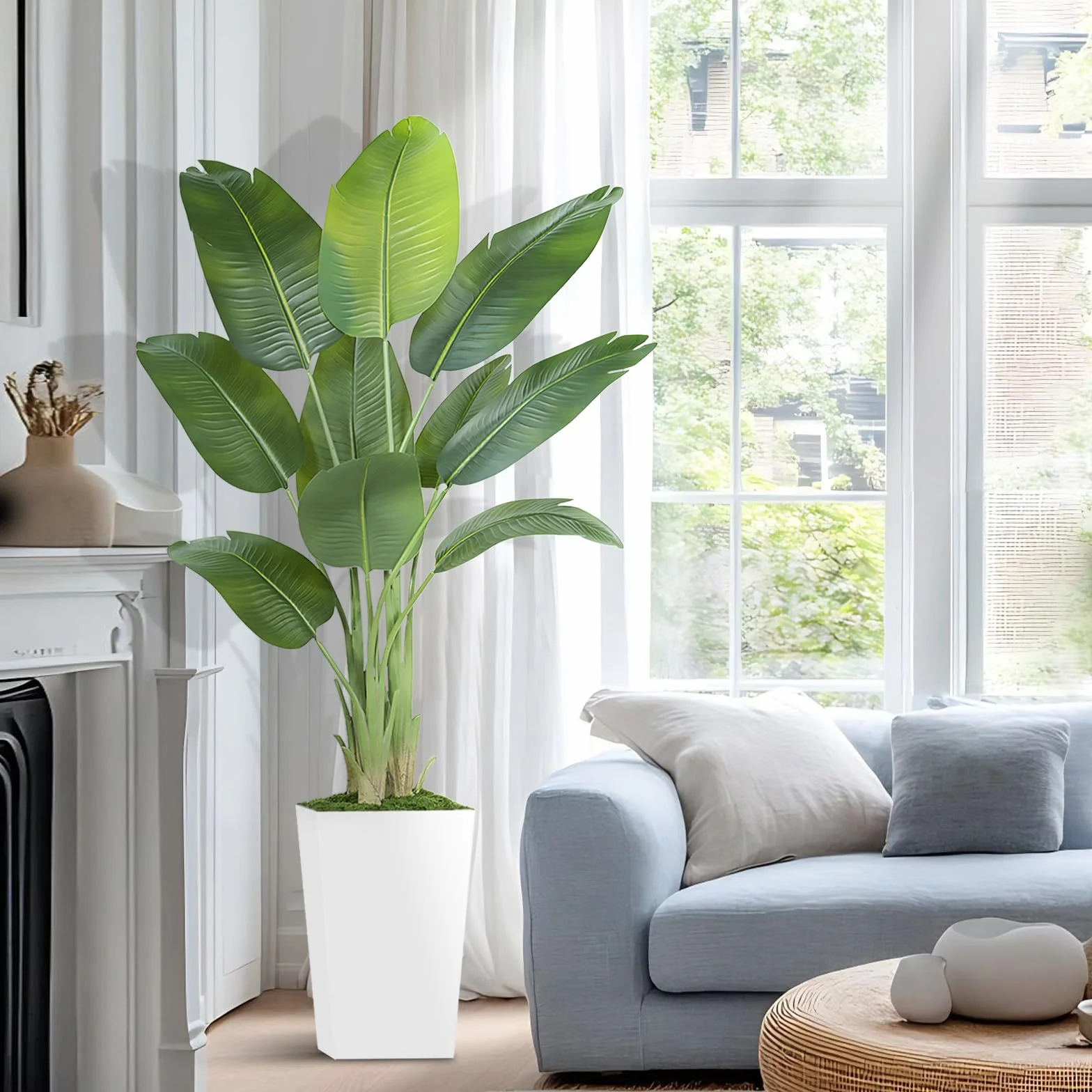 Plante Artificielle Oiseau de Paradis 180cm Pot Blanc Palmier Tropical Feuilles de Bananier Décoration Intérieur Bureau Salon