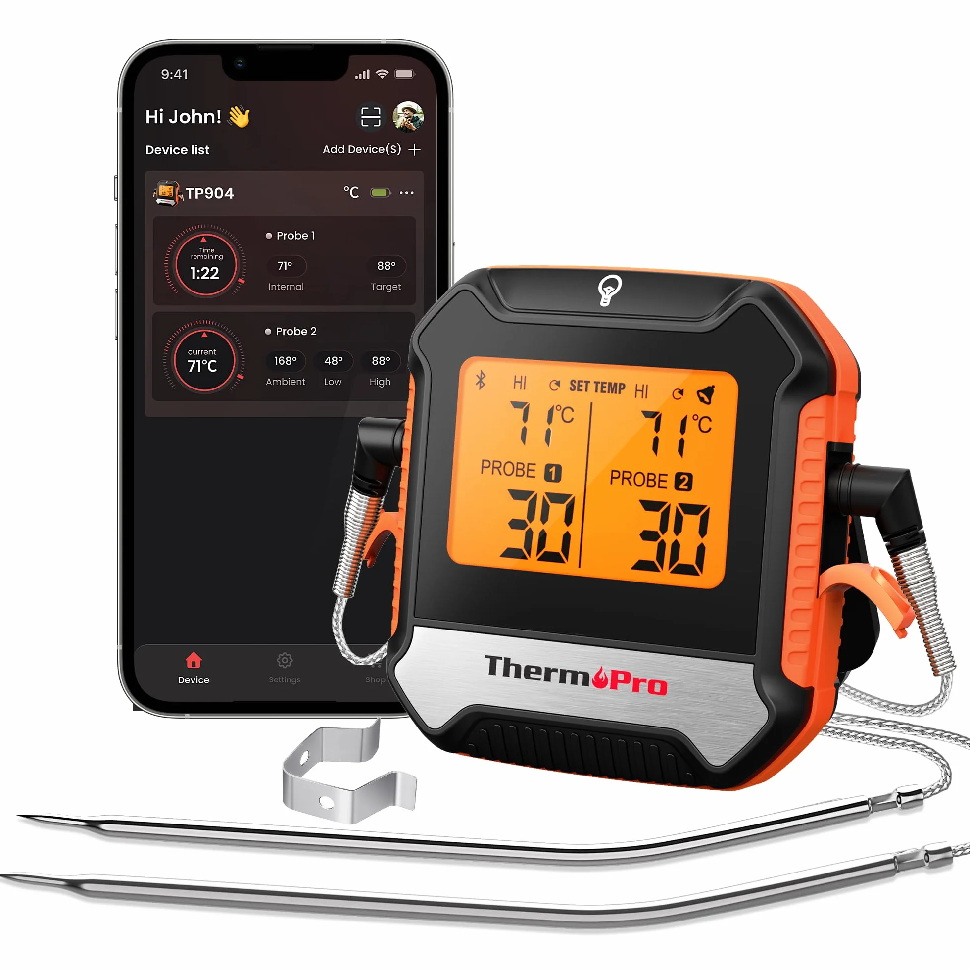 ThermoPro TempPro TP904 Thermomètre à viande numérique sans fil Bluetooth 135 m avec double sonde