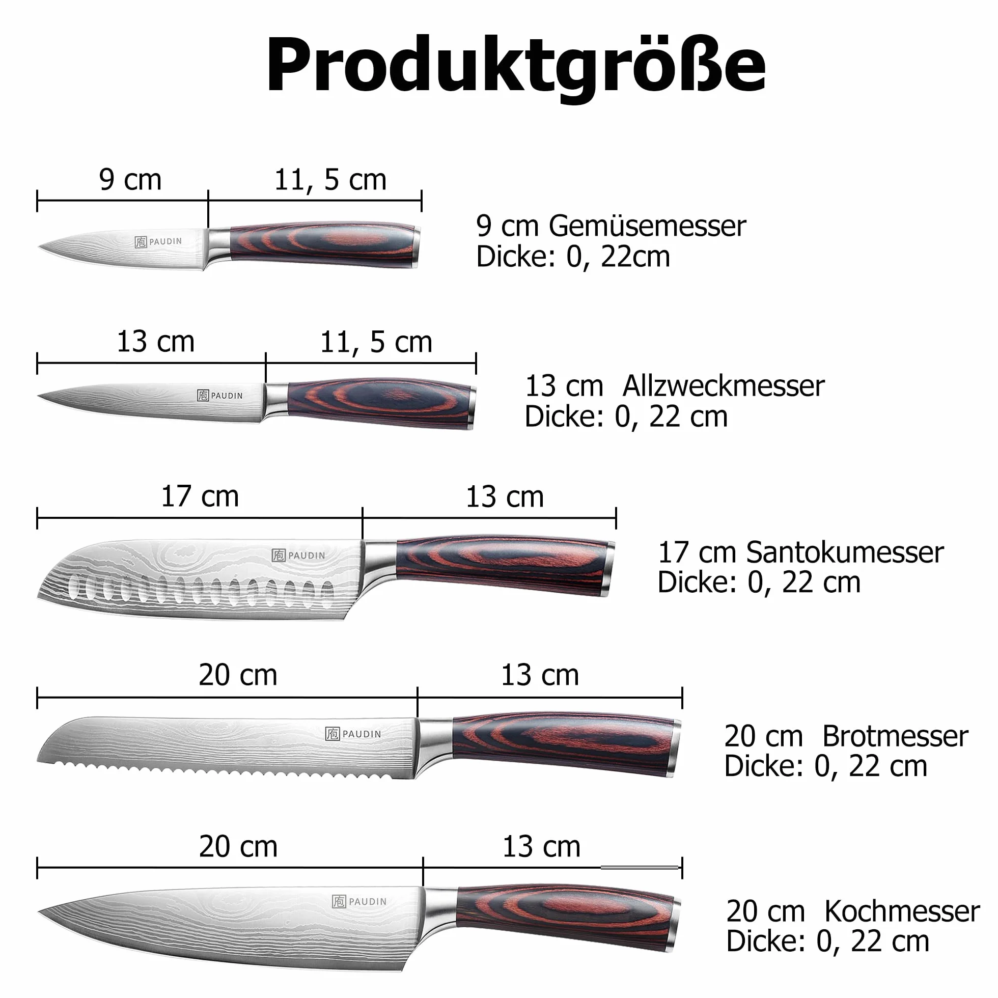 PAUDIN Set Couteau Cuisine Professionnel 5 Pièces Acier Inoxydable Couteau Chef Santoku Bois