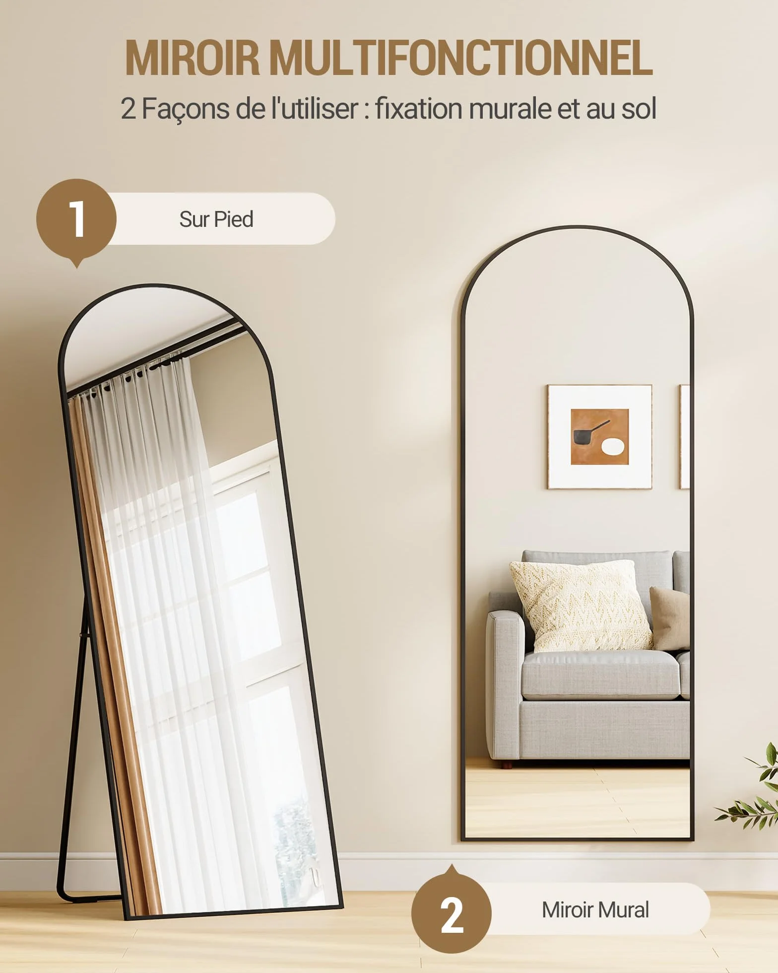 Miroir Intégral sur Pied 160x50 cm Verre Trempé Cadre Aluminium Noir