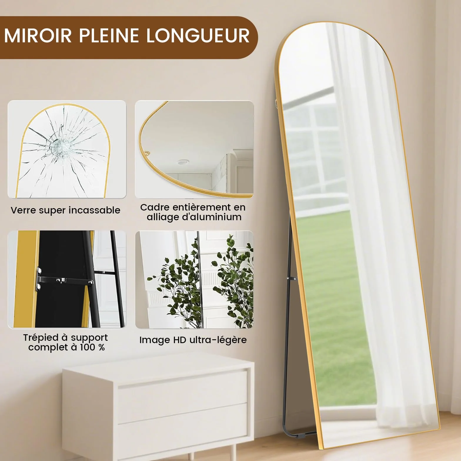 Miroir sur Pied Arqué 162x52cm, Grand Miroir Mural Pleine Longueur, Arc Doré