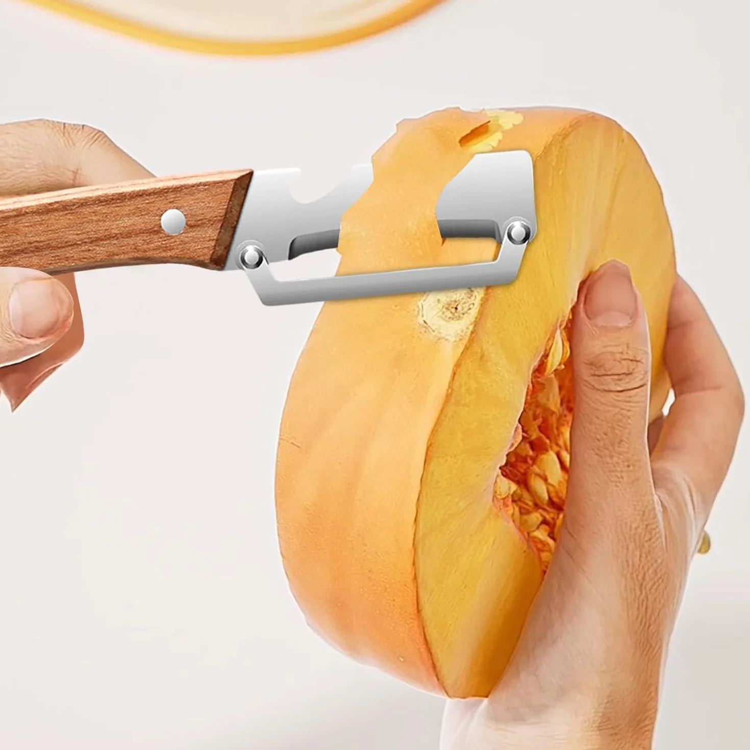 Éplucheur Multifonction 3 en 1 Acier Inoxydable avec Manche en Bois, Coupe-Légumes et Ouvre-Bouteille