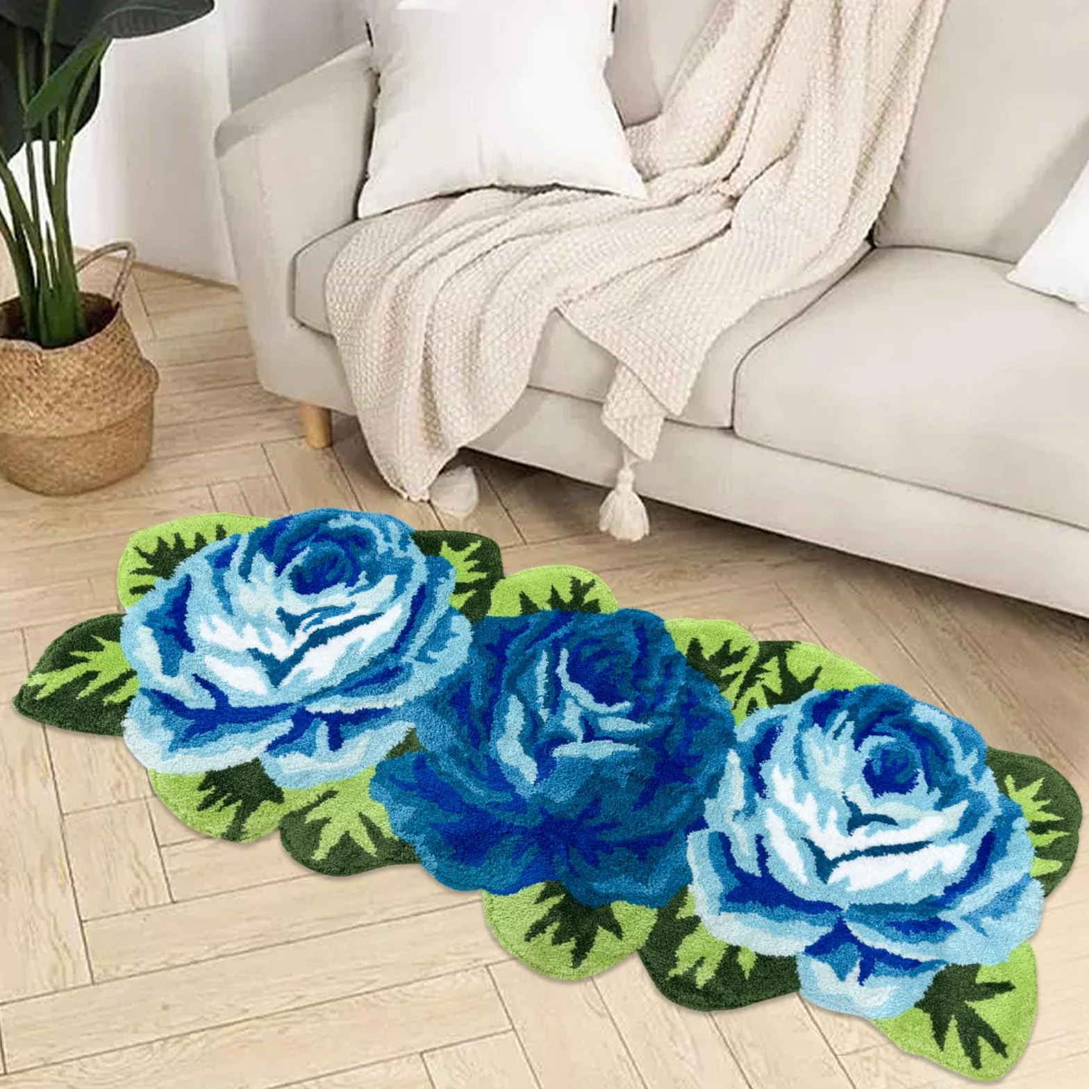 Tapis de sol fait à la main 3 roses bleues 65 x 125 cm
