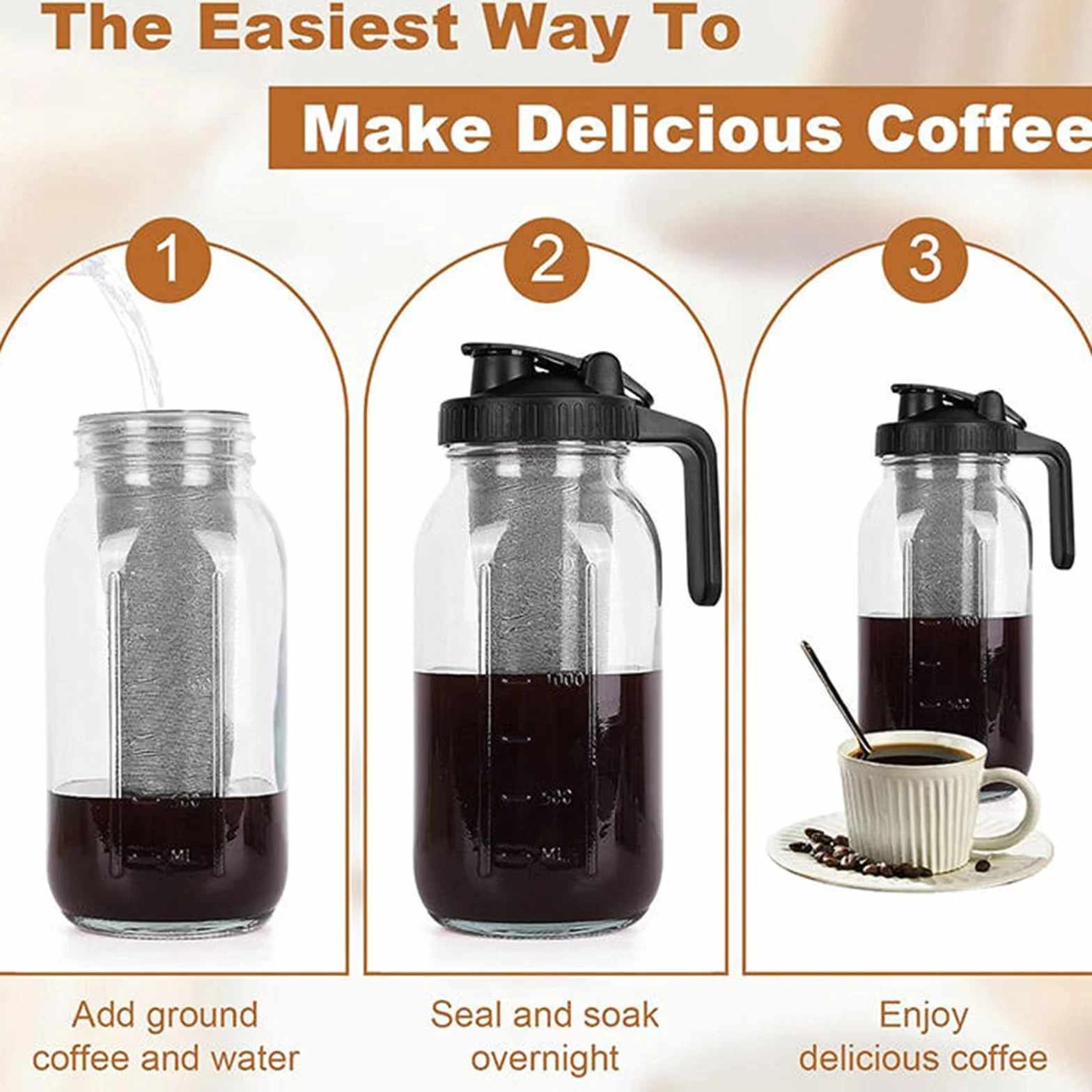 Cafetière à infusion froide 2 L en acier inoxydable pour café glacé et thé glacé