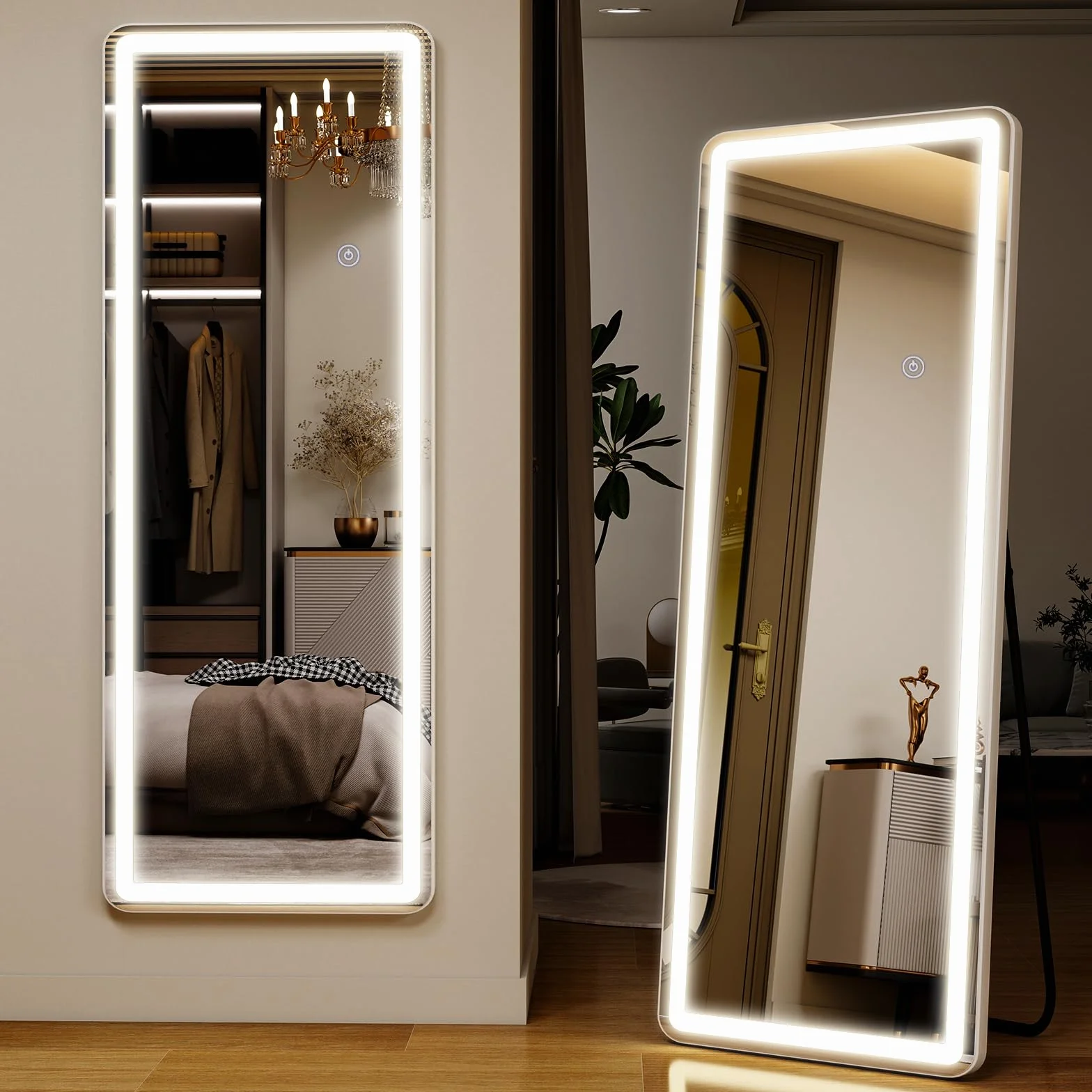 Miroir Pleine Longueur 164 x 60 cm avec éclairage LED, Verre de sécurité, Variateur d'intensité, Miroir sur Pied